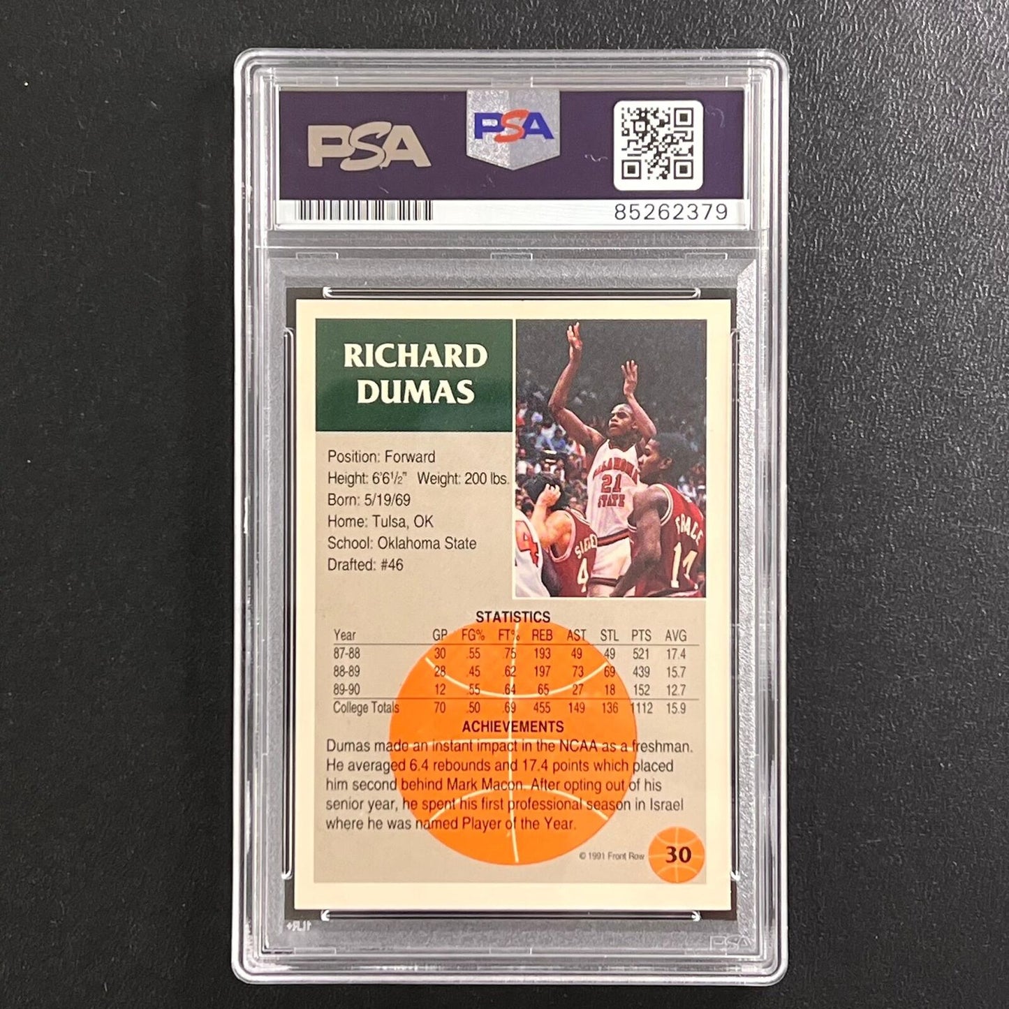 1991 Front Row Draft Pick #30 Richard Dumas Signed Card AUTO 10 PSA Slabbed Suns