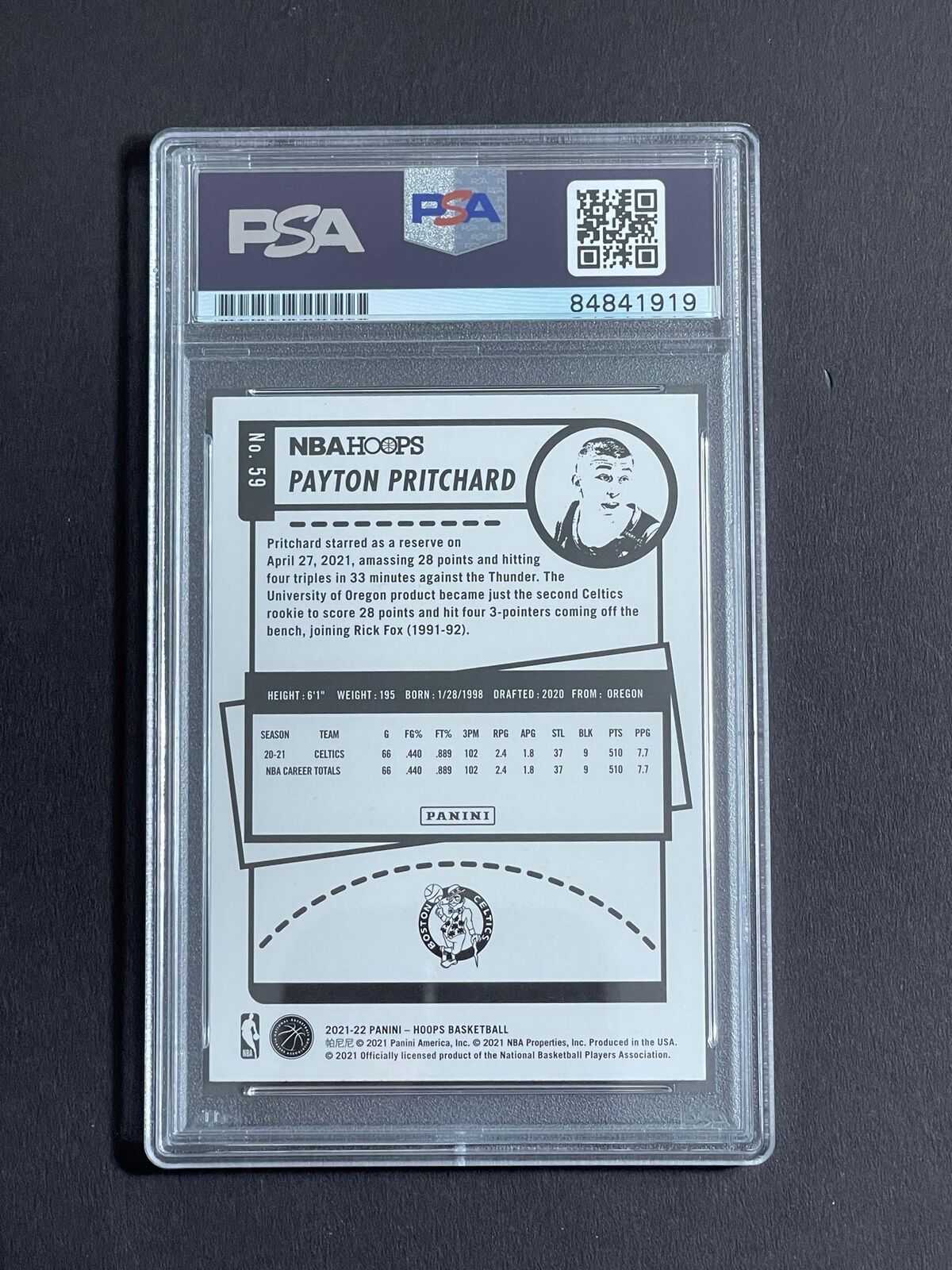 2021-22 NBA Hoops Teel Explosion #59 Payton Pritchard Signed PSA Slabbed Celtics
