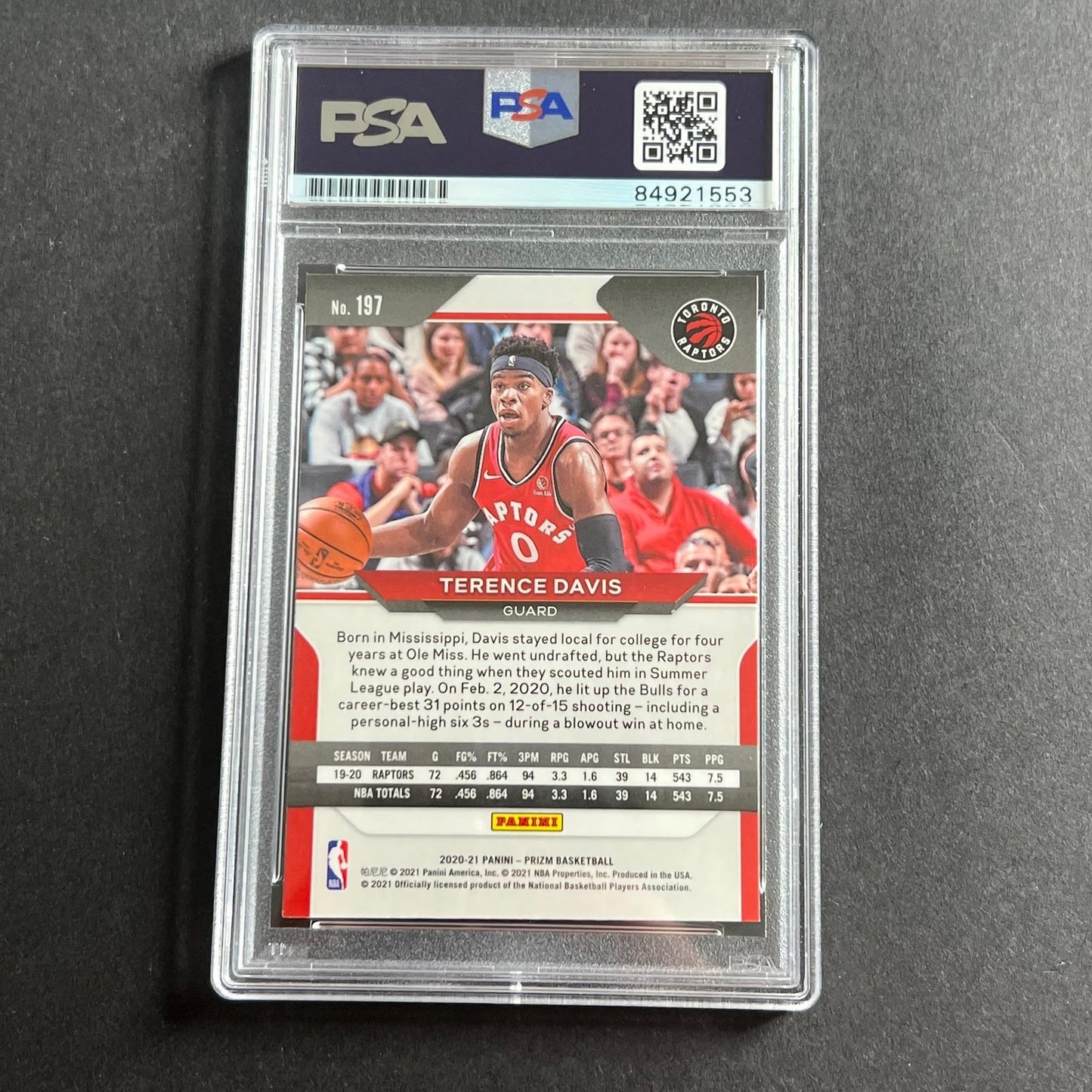 2021-22 Panini Prizm #197 Terence Davis Signed Card AUTO 10 PSA Slabbed RC Rapto