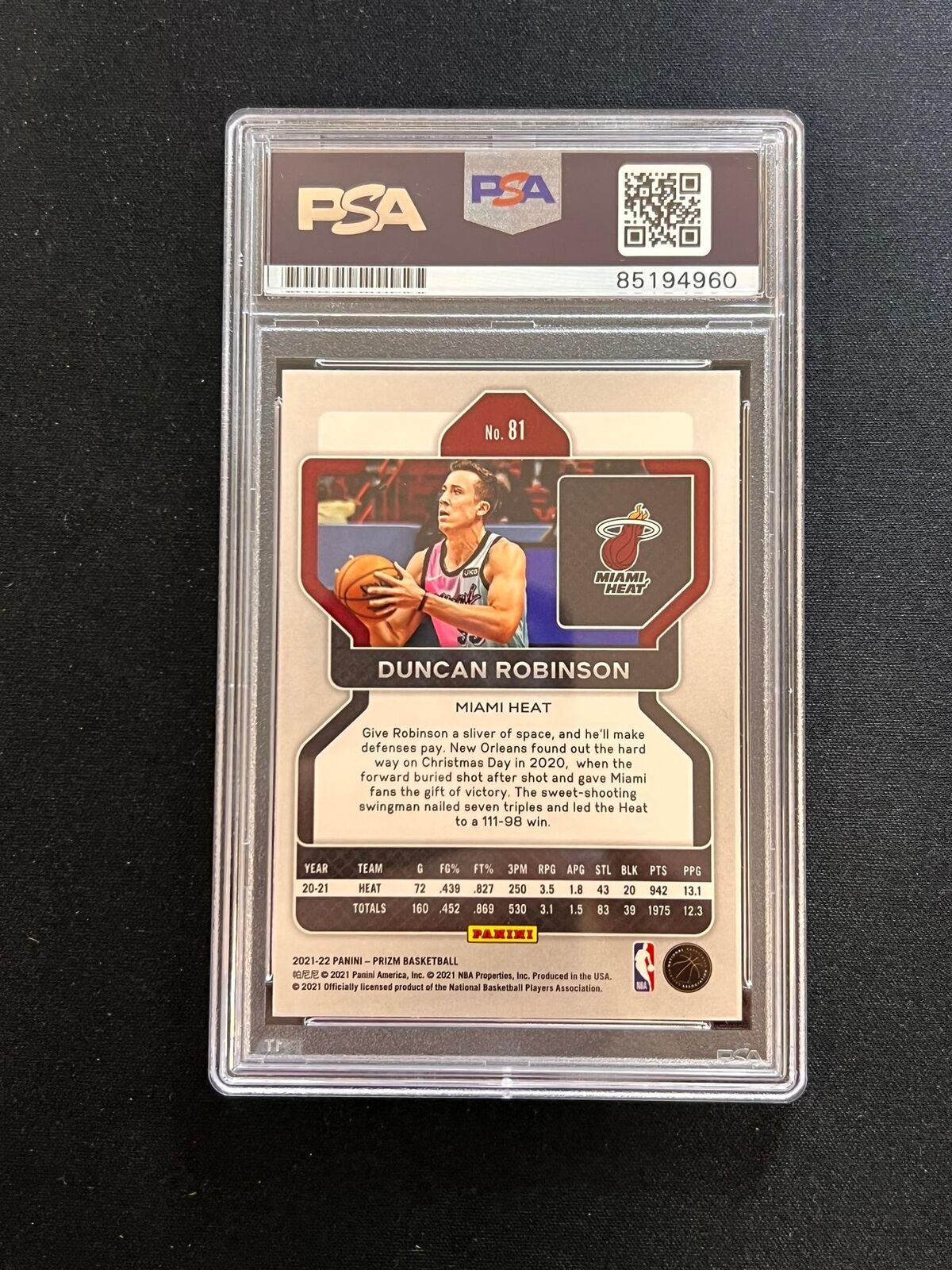 2021-22 Panini Prizm #81 Duncan Robinson Signed Card AUTO PSA Slabbed Heat