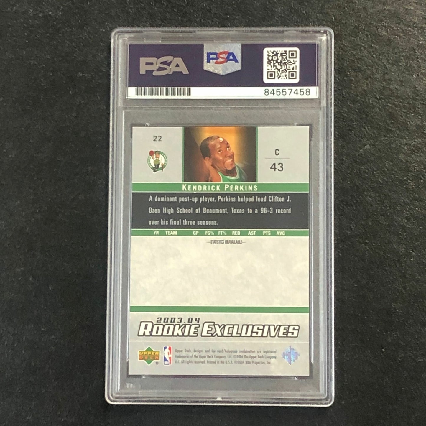 2003-04 Upper Deck Exclusives #22 Kendrick Perkins Signed Card AUTO PSA/DNA Slab
