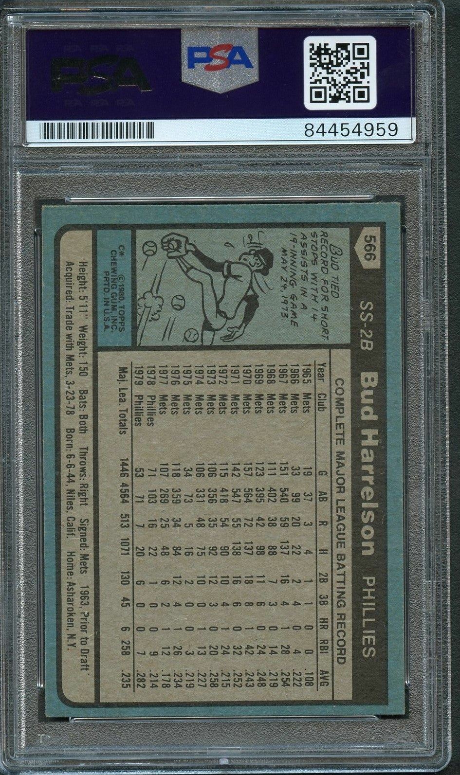 1980 Topps #566 Bud Harrelson Signed Card PSA Slabbed Auto Phillies