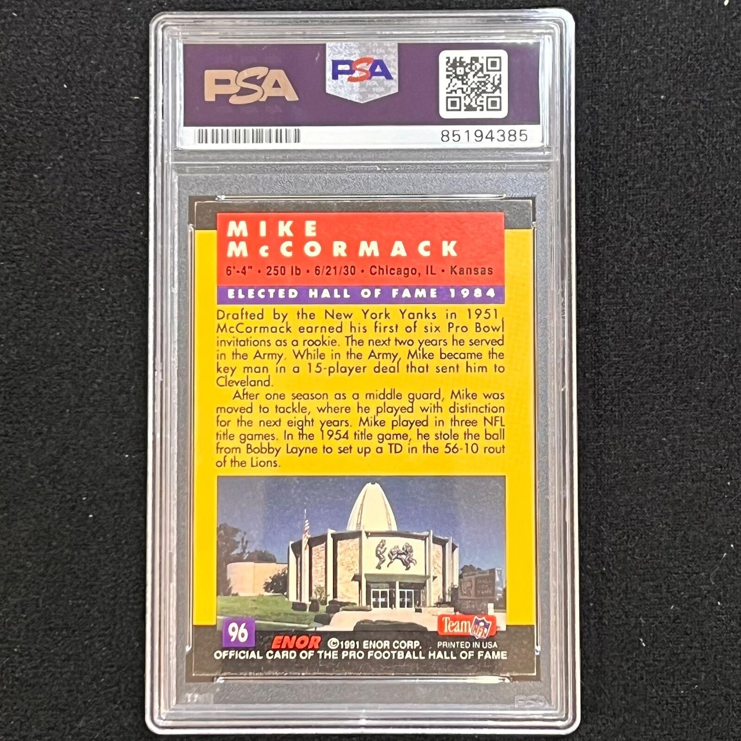 1991 Enor Pro Football Hall of Fame #96 Mike McCormack Signed Card PSA/DNA Slabb