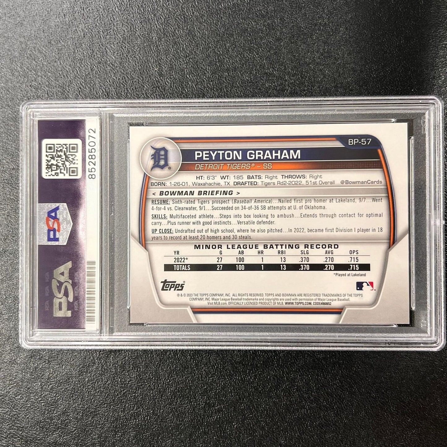 2023 Topps 1st Bowman #BP-57 Peyton Graham Signed Card PSA/DNA Slabbed AUTO Tige