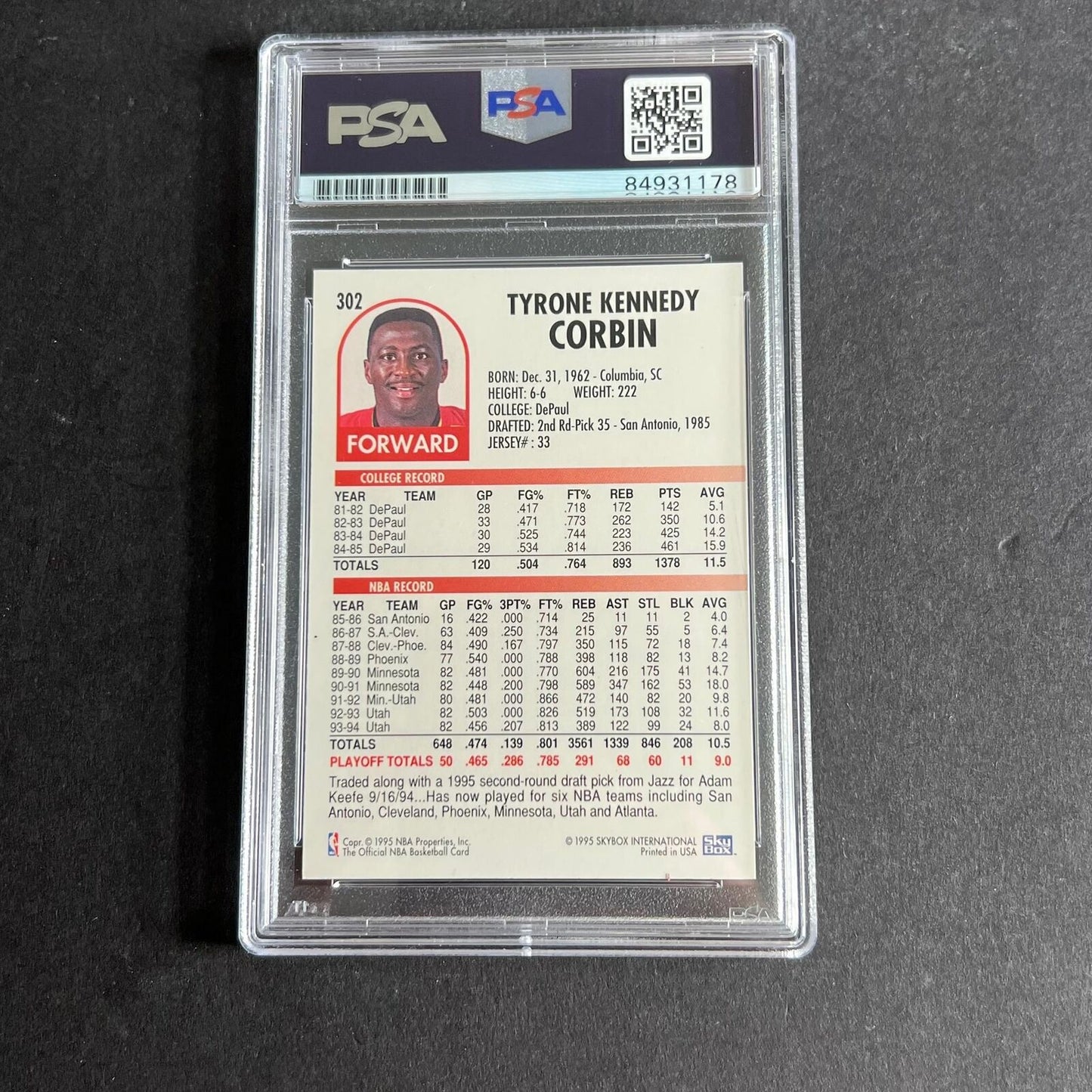1994-95 Skybox #302 Tyrone Corbin Signed Card AUTO PSA Slabbed Hawks
