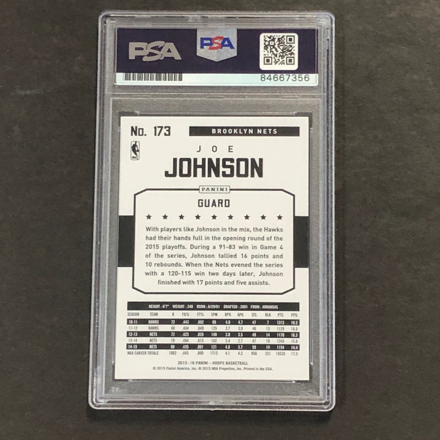 2015-16 Panini Hoops #173 Joe Johnson Signed Card Auto 10 PSA Slabbed Nets