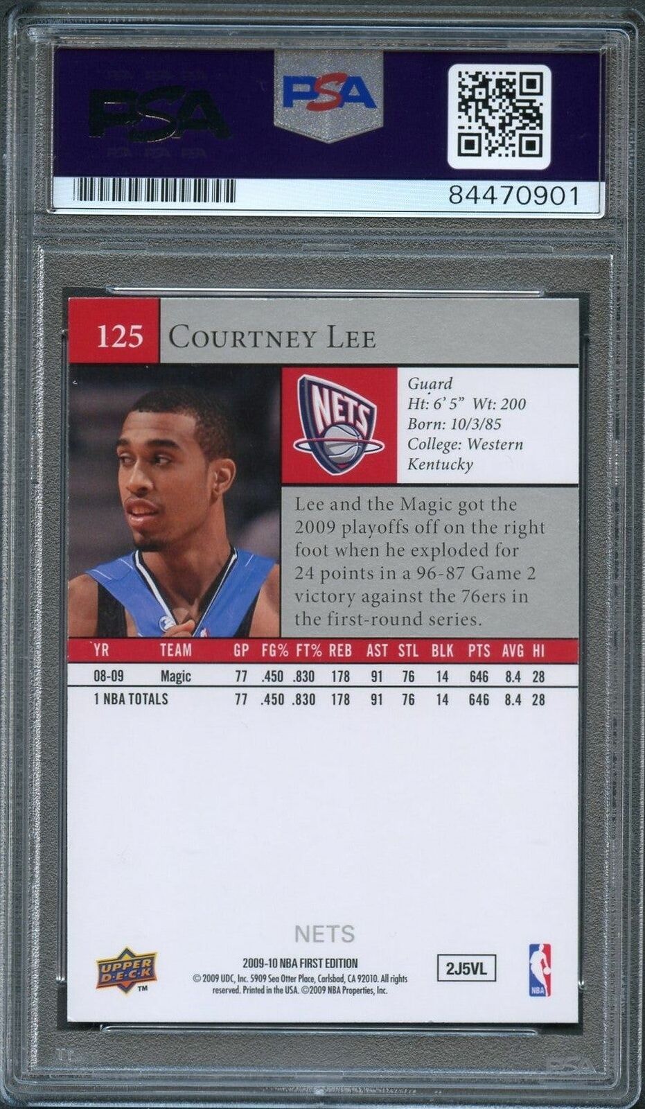 2009 Upper Deck #141 Courtney Lee Signed Card AUTO 10 PSA Slabbed New Jersey Net