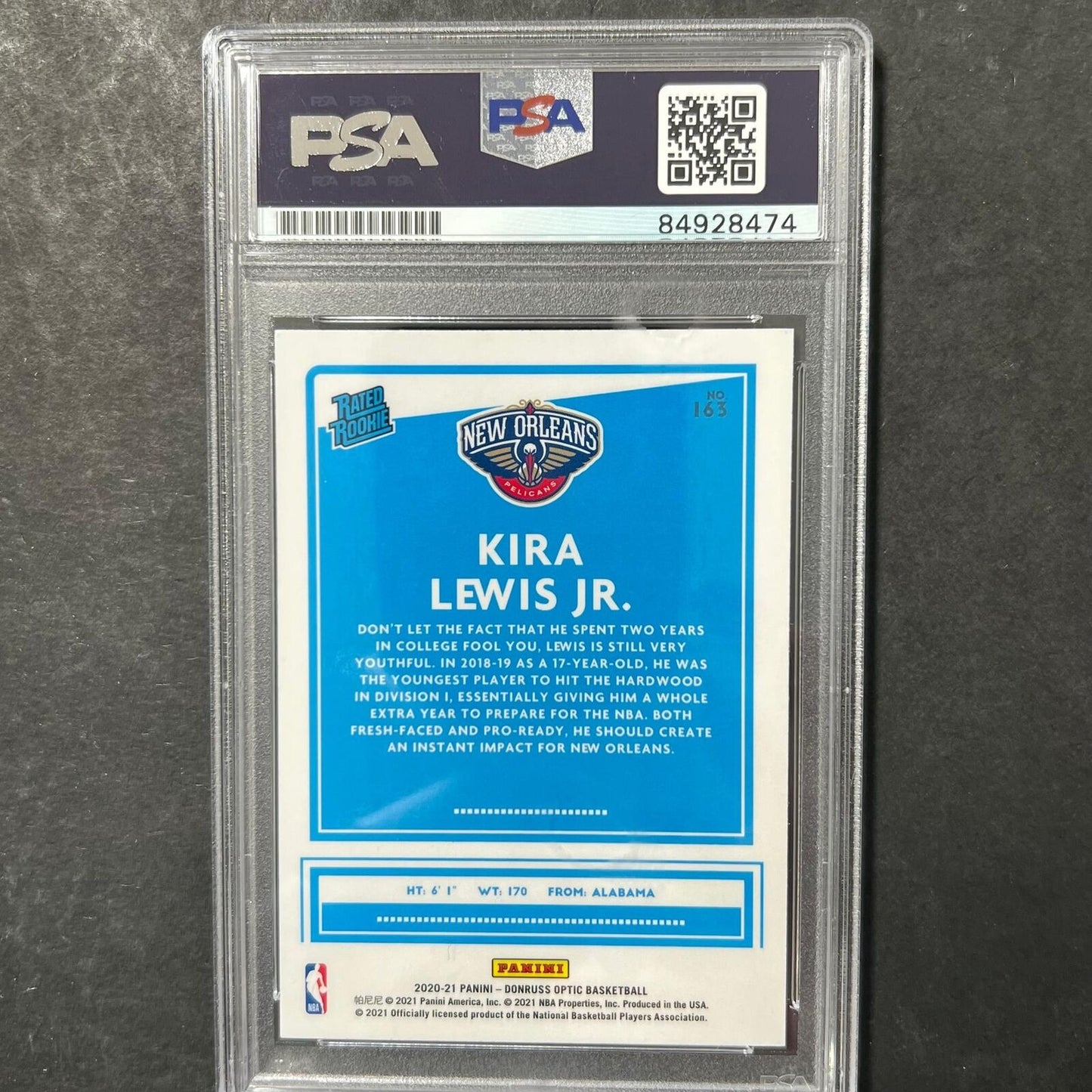 2020-21 Panini Donruss Optic #163 Kira Lewis Jr. Signed Card AUTO PSA Slabbed Pe