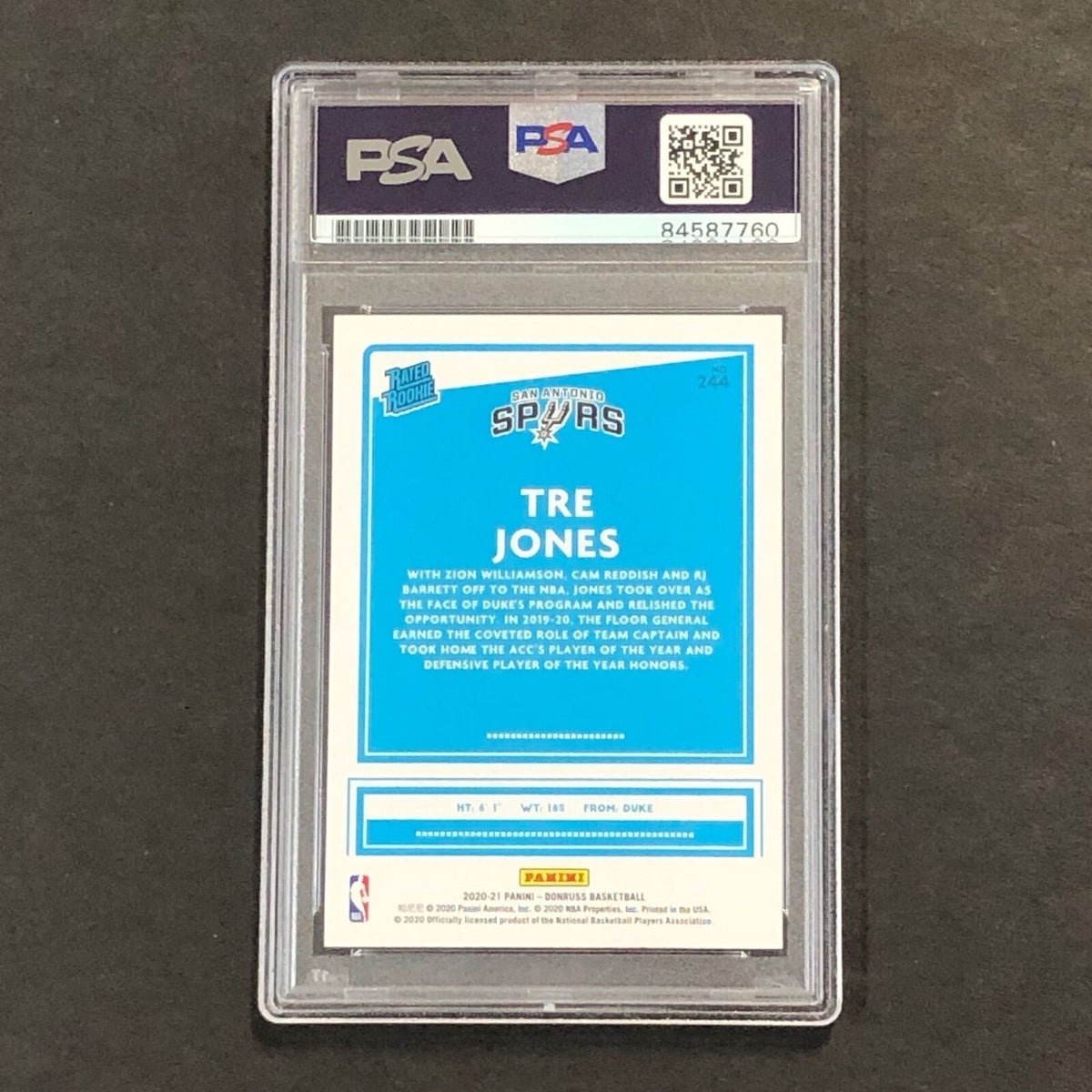2020-21 Donruss Rated Rookie #244 Tre Jones Signed Card AUTO PSA/DNA Slabbed RC