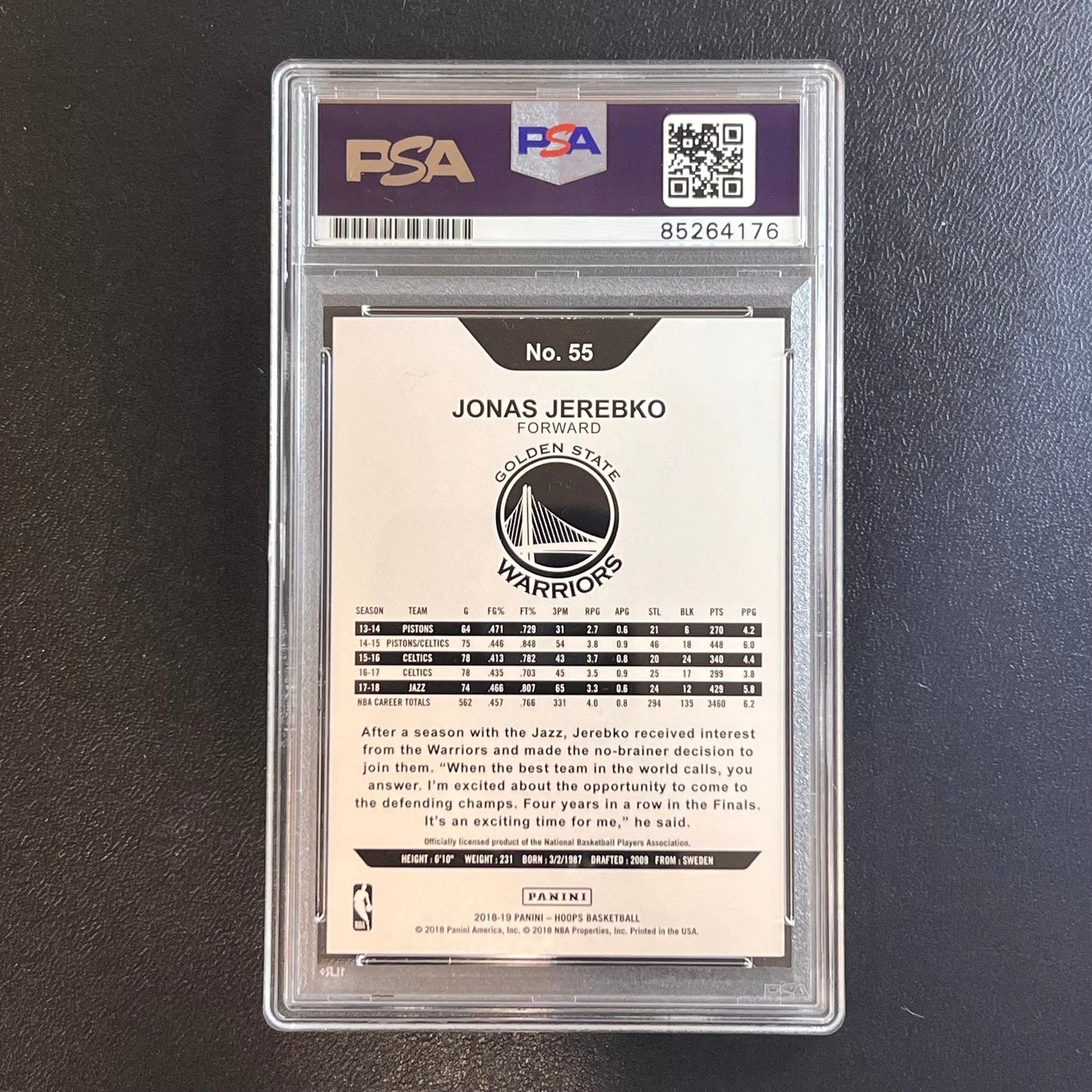 2018-19 Panini Hoops #55 Jonas Jerebko Signed Card AUTO PSA Slabbed Warriors