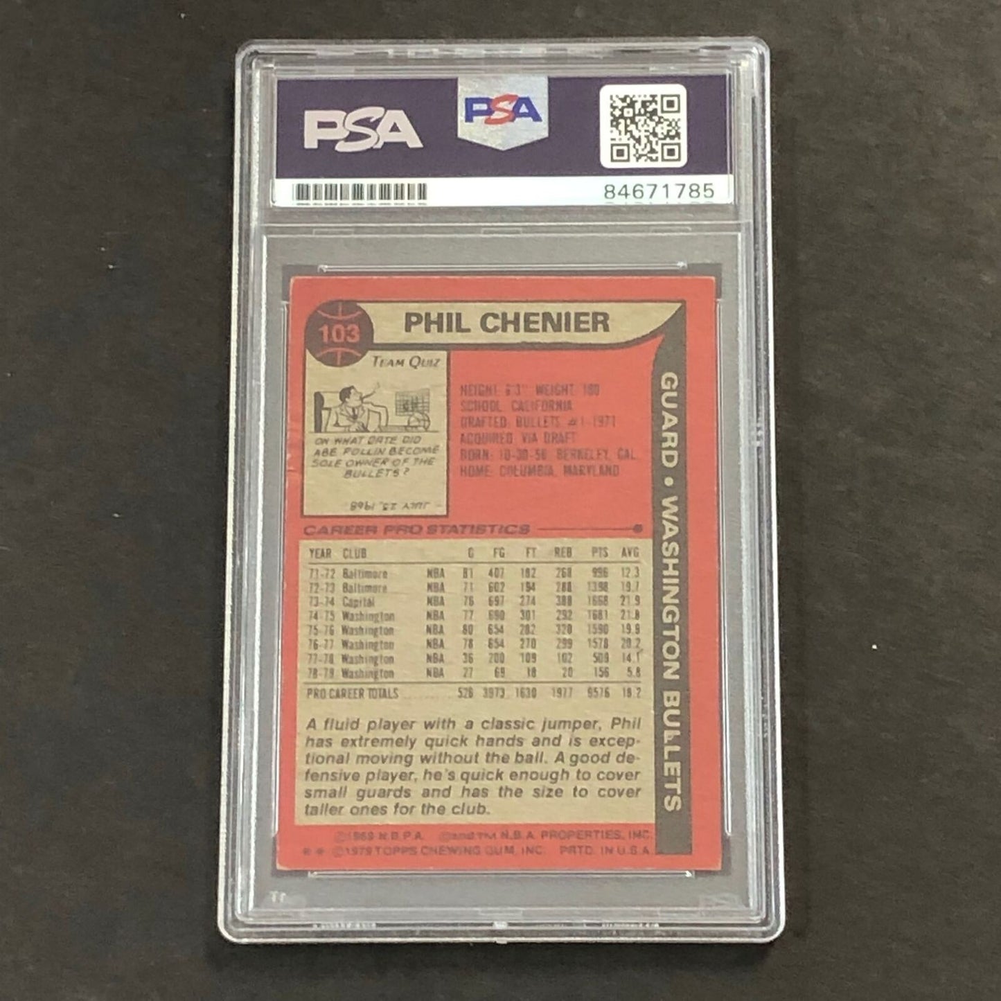 1979 Topps #103 Phil Chenier Signed Card AUTO 10 PSA Slabbed Bullets