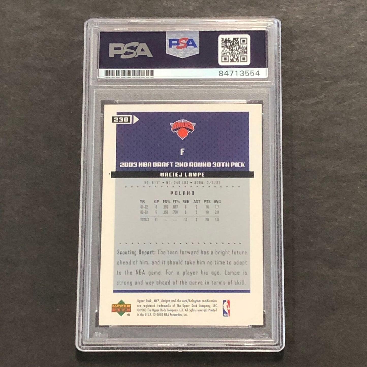 2002-03 Upper Deck MVP #230 Maciej Lampe Signed Card PSA Slabbed RC Knicks