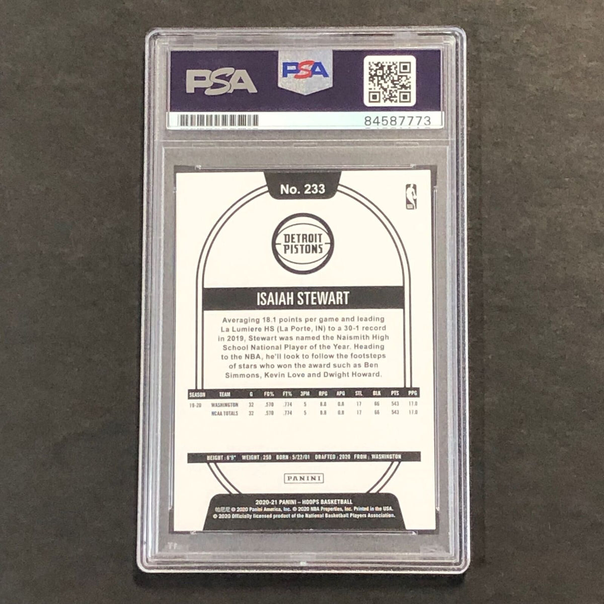 2020-21 NBA Hoops #233 Isaiah Stewart Signed Card AUTO PSA Slabbed RC Pistons