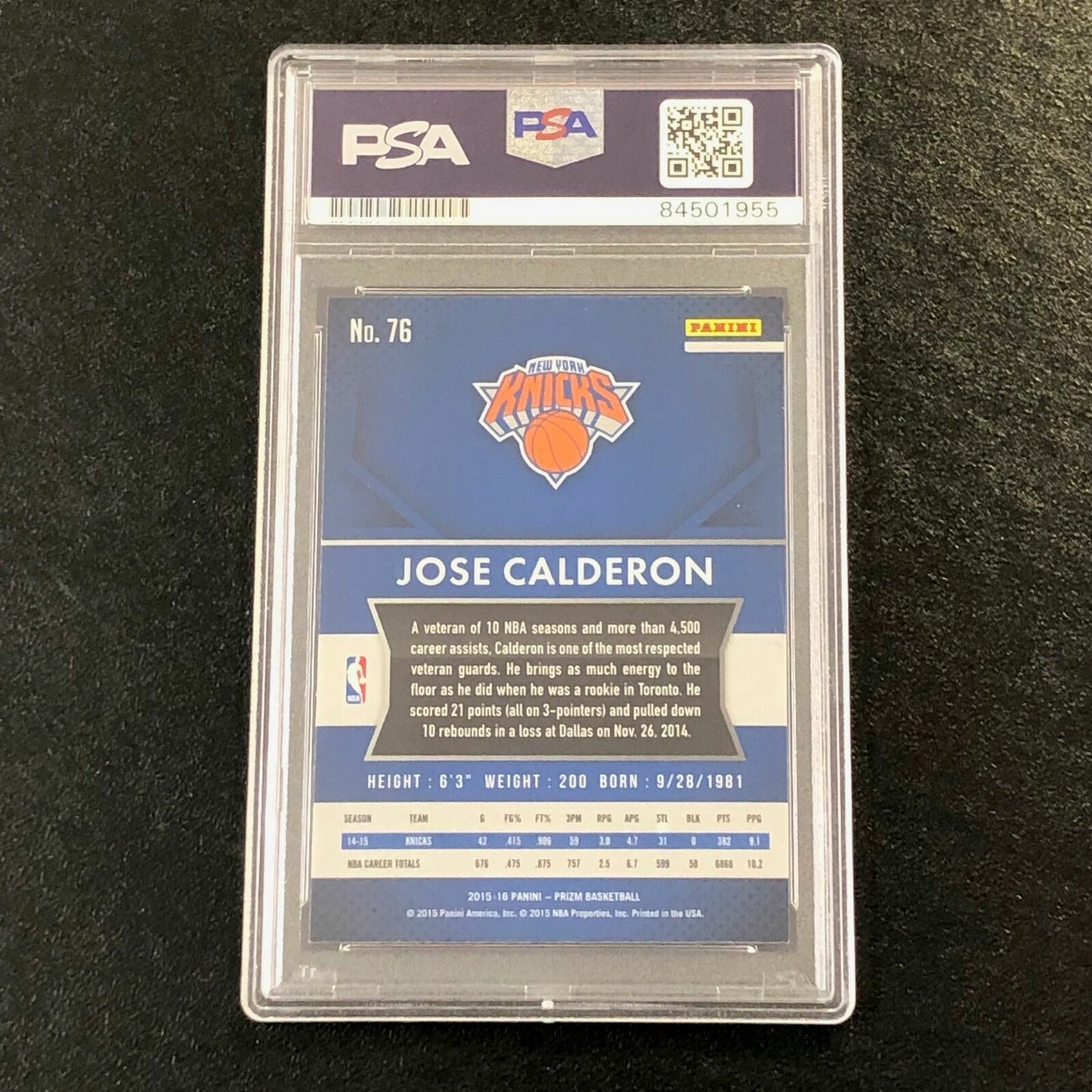 2015-16 Panini Prizm #76 Jose Calderon Signed Card AUTO PSA Slabbed Knicks