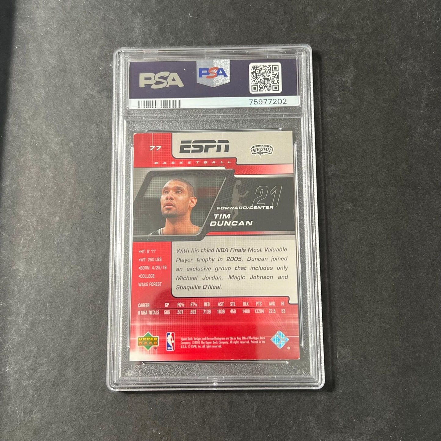 2005 Upper Deck ESPN #77 Tim Duncan Signed Card AUTO PSA/DNA Slabbed Autographed