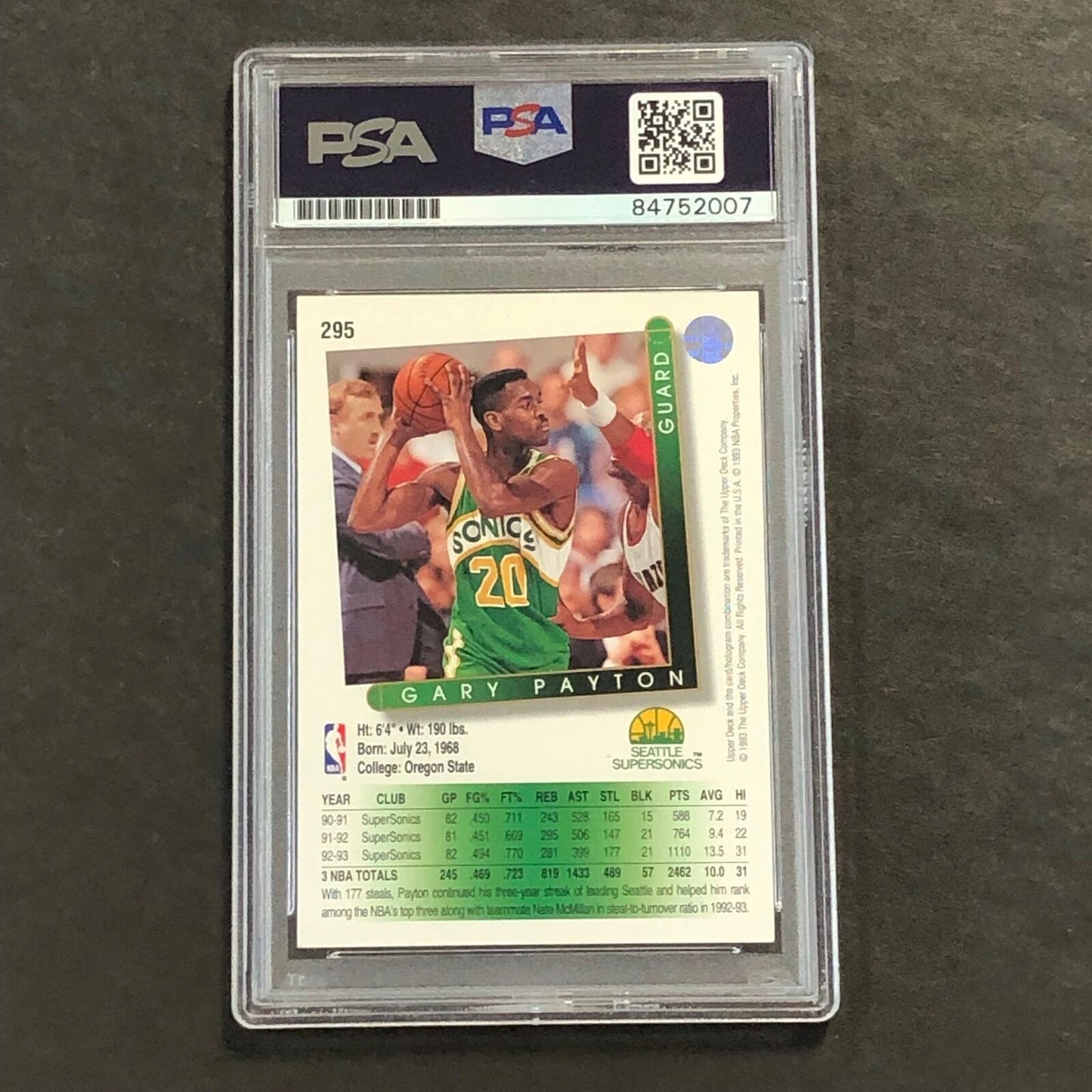 1992-93 Upper Deck #295 Gary Payton signed Auto Card PSA/DNA Slabbed Sonics