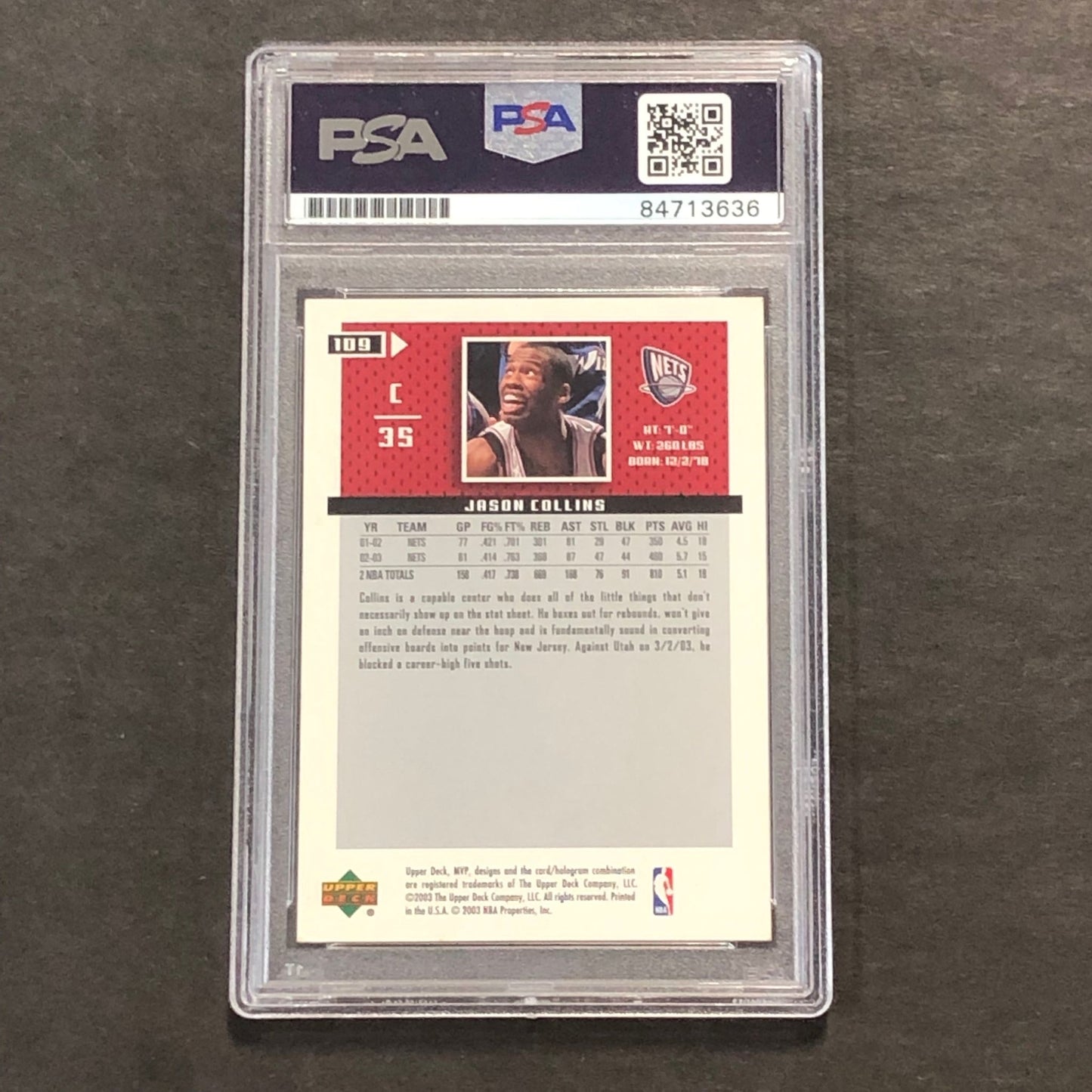 2003-04 Upper Deck MVP #109 Jason Collins Signed Card AUTO PSA Slabbed Nets