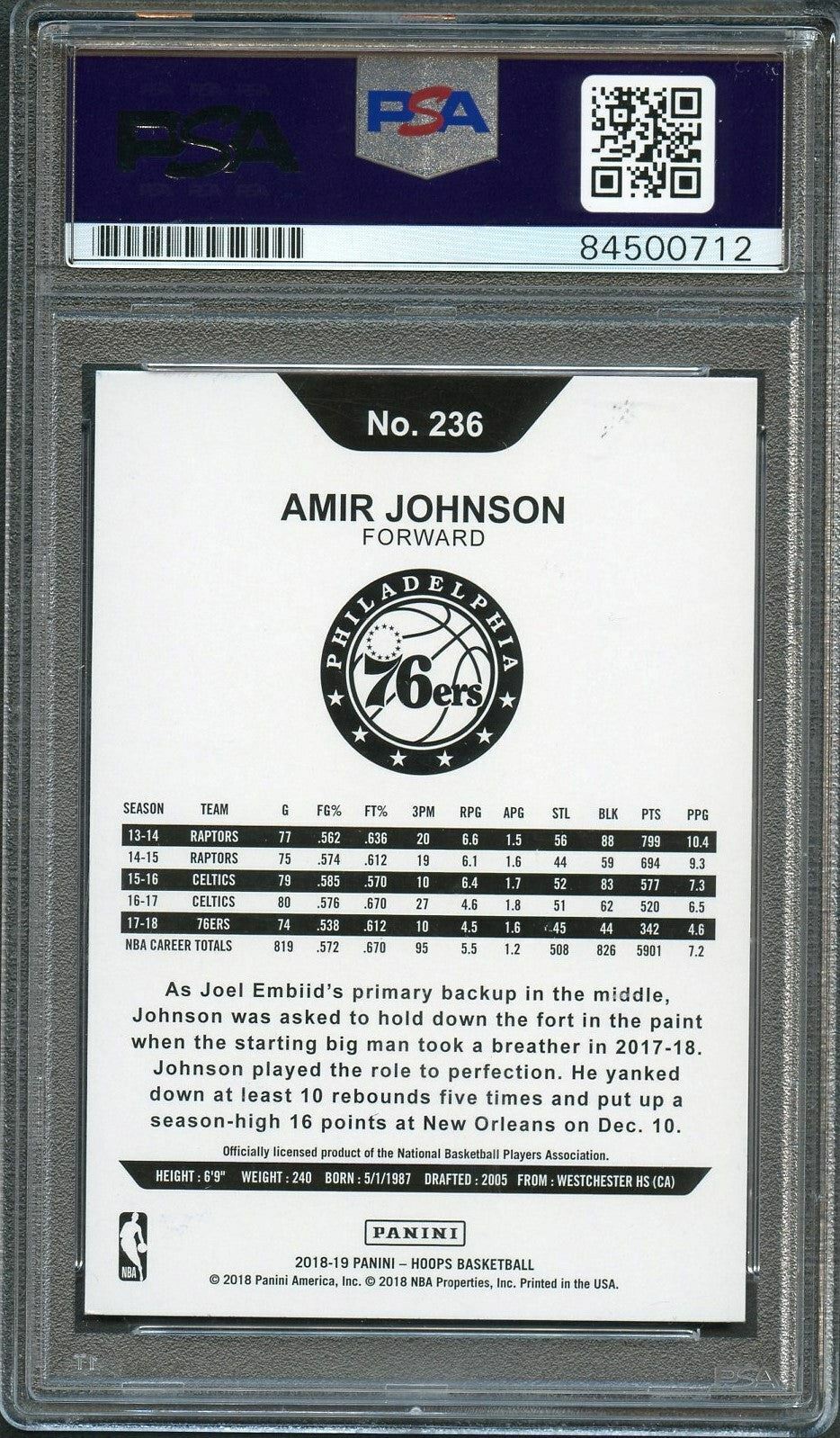 2018-19 NBA Hoops #236 Amir Johnson Signed Card AUTO 10 PSA Slabbed 76ers