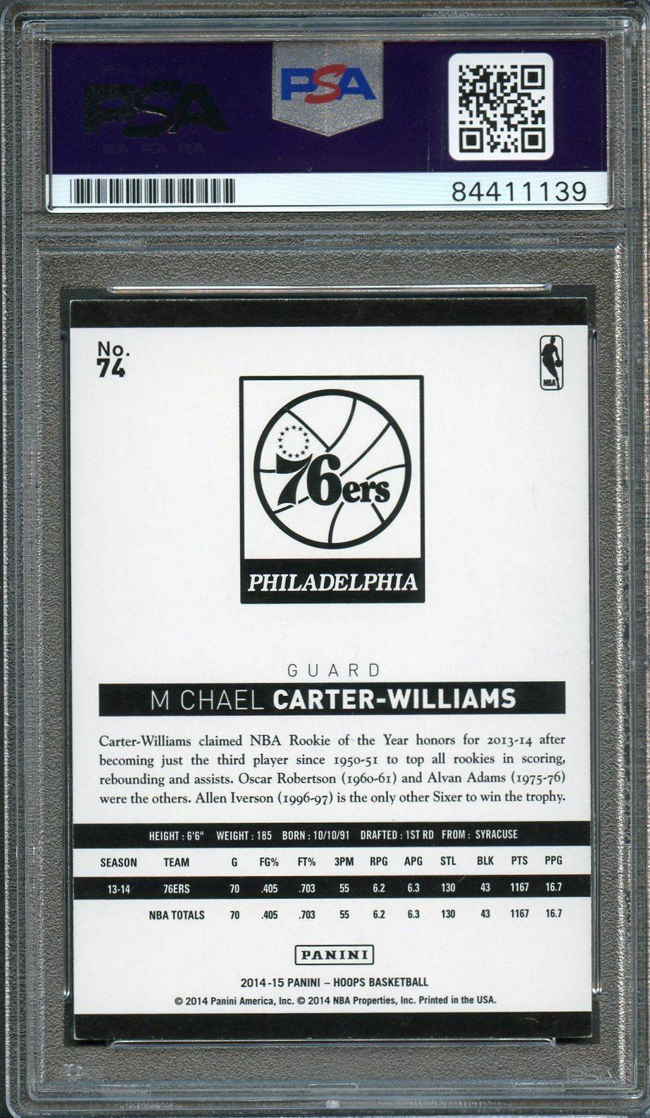 2014-15 NBA Hoops #74 Michael Carter-Williams Signed Card AUTO 10 PSA Slabbed 76