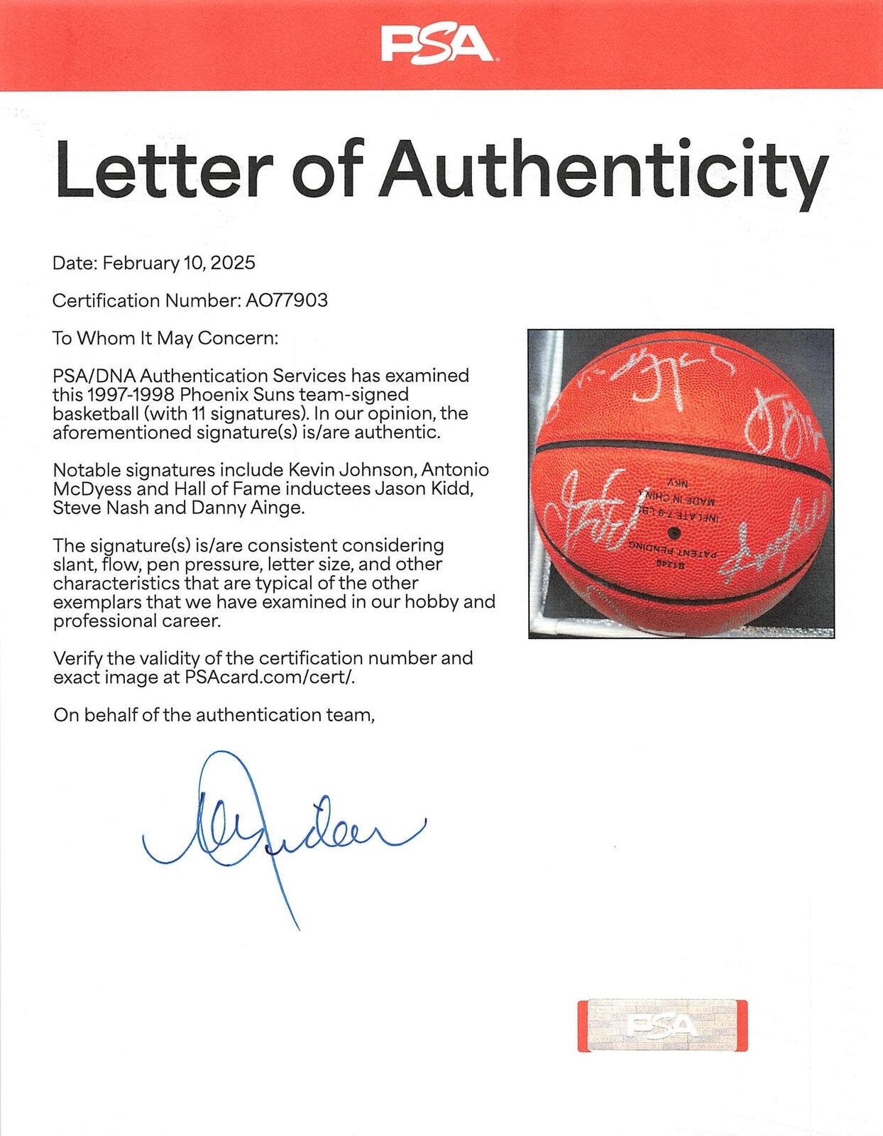 1997-98 Phoenix Suns Team Signed Basketball PSA/DNA Autographed