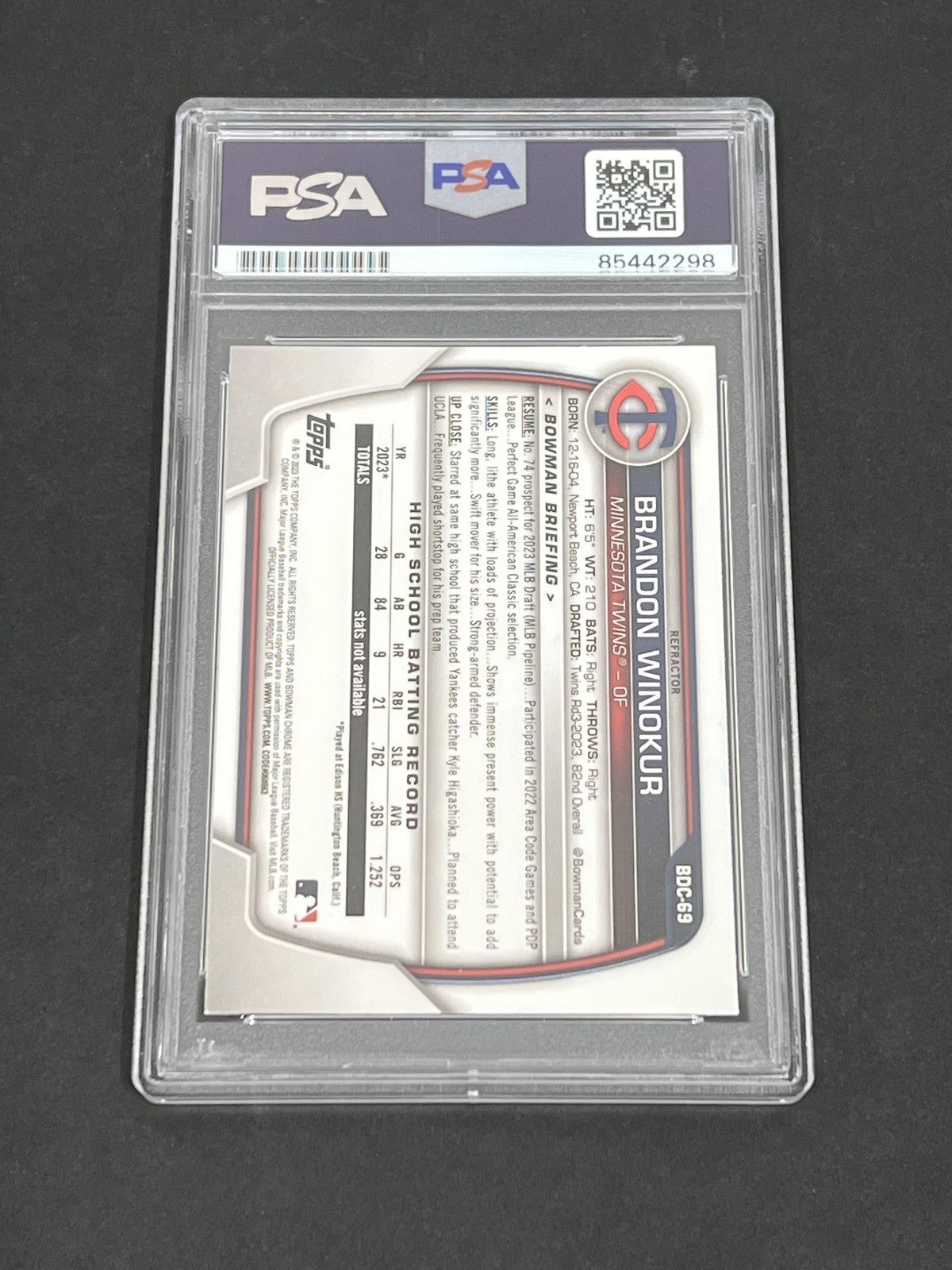 2023 Topps Chrome First Bowman #BDC-69 Brandon Winokur signed Card PSA Auto 10