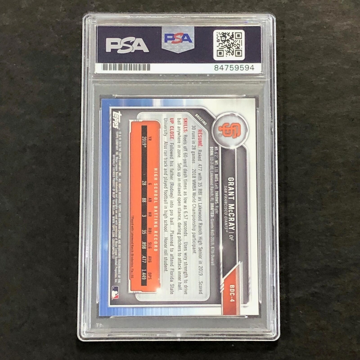 2019 Bowman #BDC-4 Grant McCray Signed Card PSA Slabbed Auto Giants