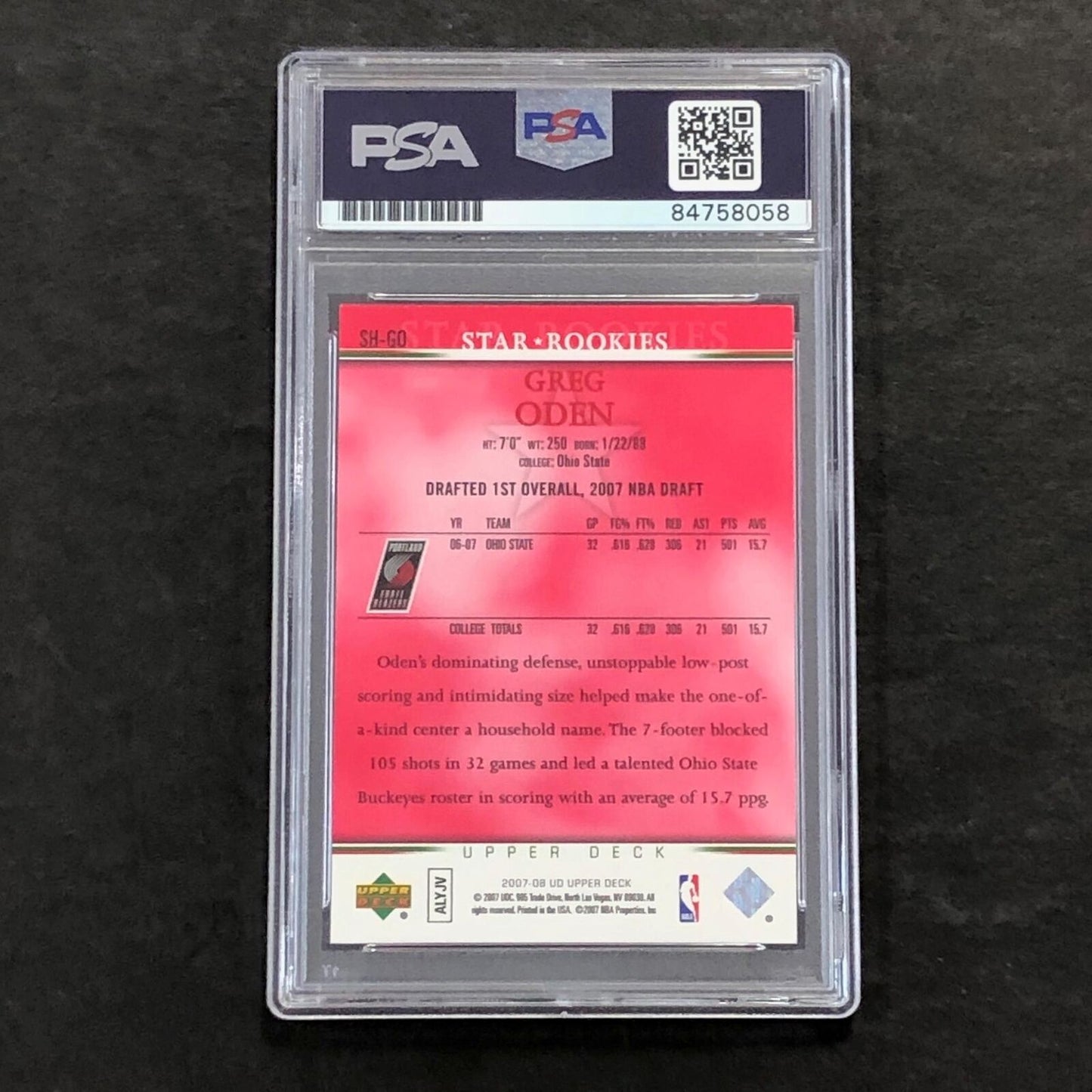 2007-08 Upper Deck Star Rookies #SH-GO Greg Oden Signed Card AUTO PSA Slabbed RC