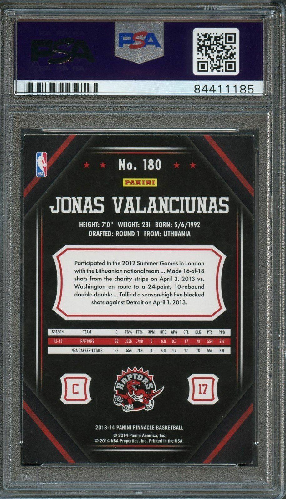 2013-14 Pinnacle Basketball #180 Jonas Valanciunas Signed Card AUTO 10 PSA Slabb