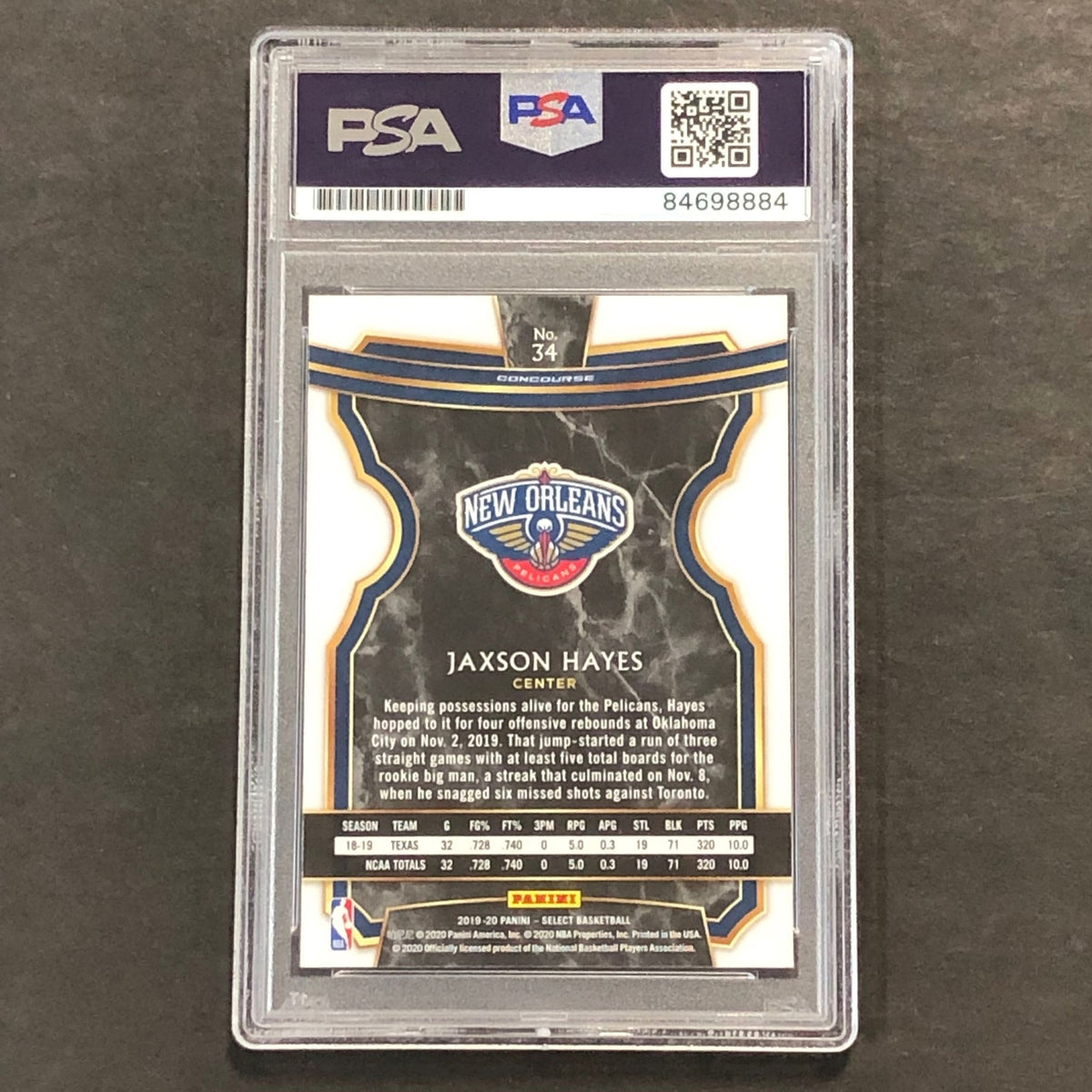 2019-20 Select Basketball Panini #34 Jaxson Hayes Signed Card PSA Slabbed RC Pel