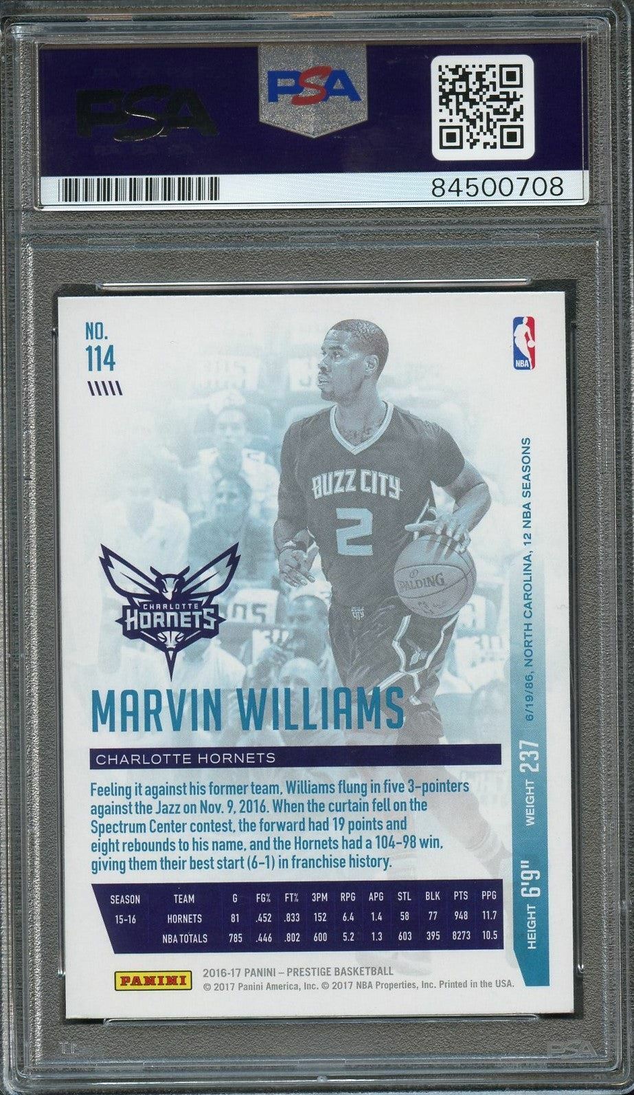 2016-17 Panini Prestige #114 Marvin Williams Signed AUTO 10 PSA Slabbed Hornets