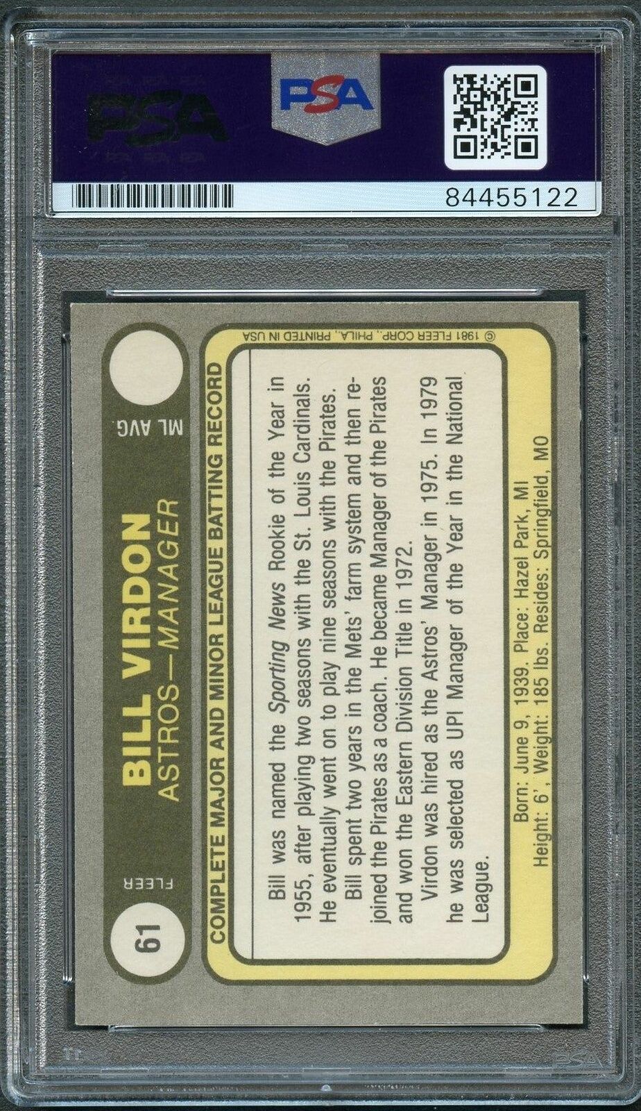 1981 Fleer #61 Bill Virdon Signed Card PSA Slabbed Auto Astros