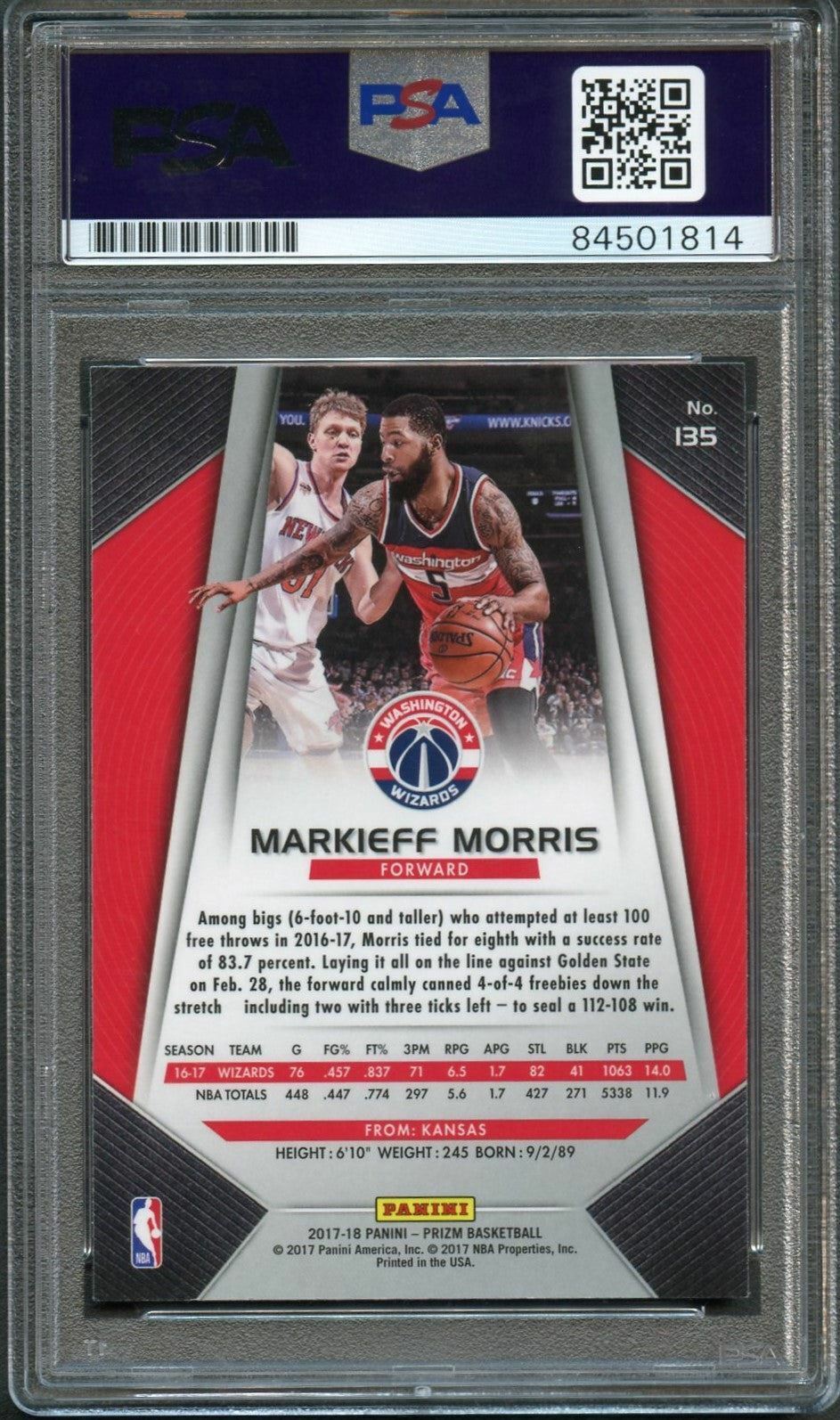 2017-18 PANINI PRIZM #135 Markieff Morris Signed Card AUTO PSA Slabbed Wizards