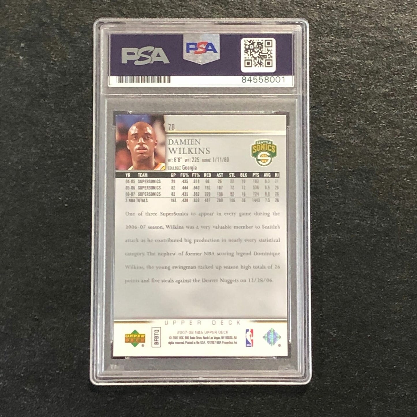 2007-08 Upper Deck Basketball #78 Damien Wilkins Signed Card AUTO PSA/DNA Slabbe