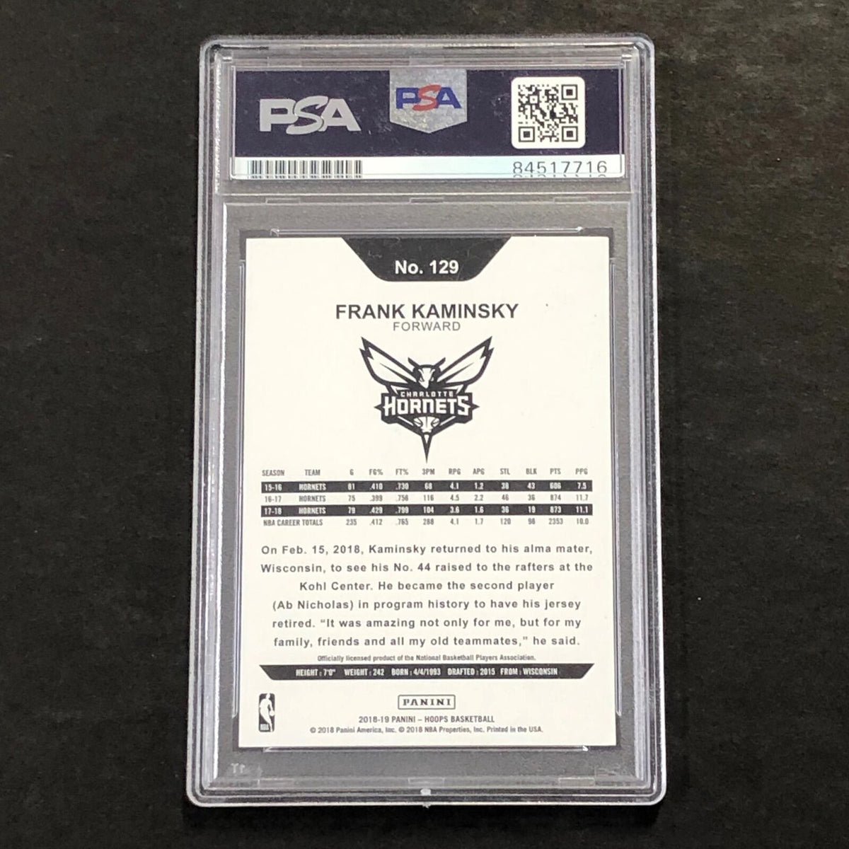 2018-19 Panini Hoops #129 Frank Kaminsky Signed Card AUTO PSA Slabbed Hornets