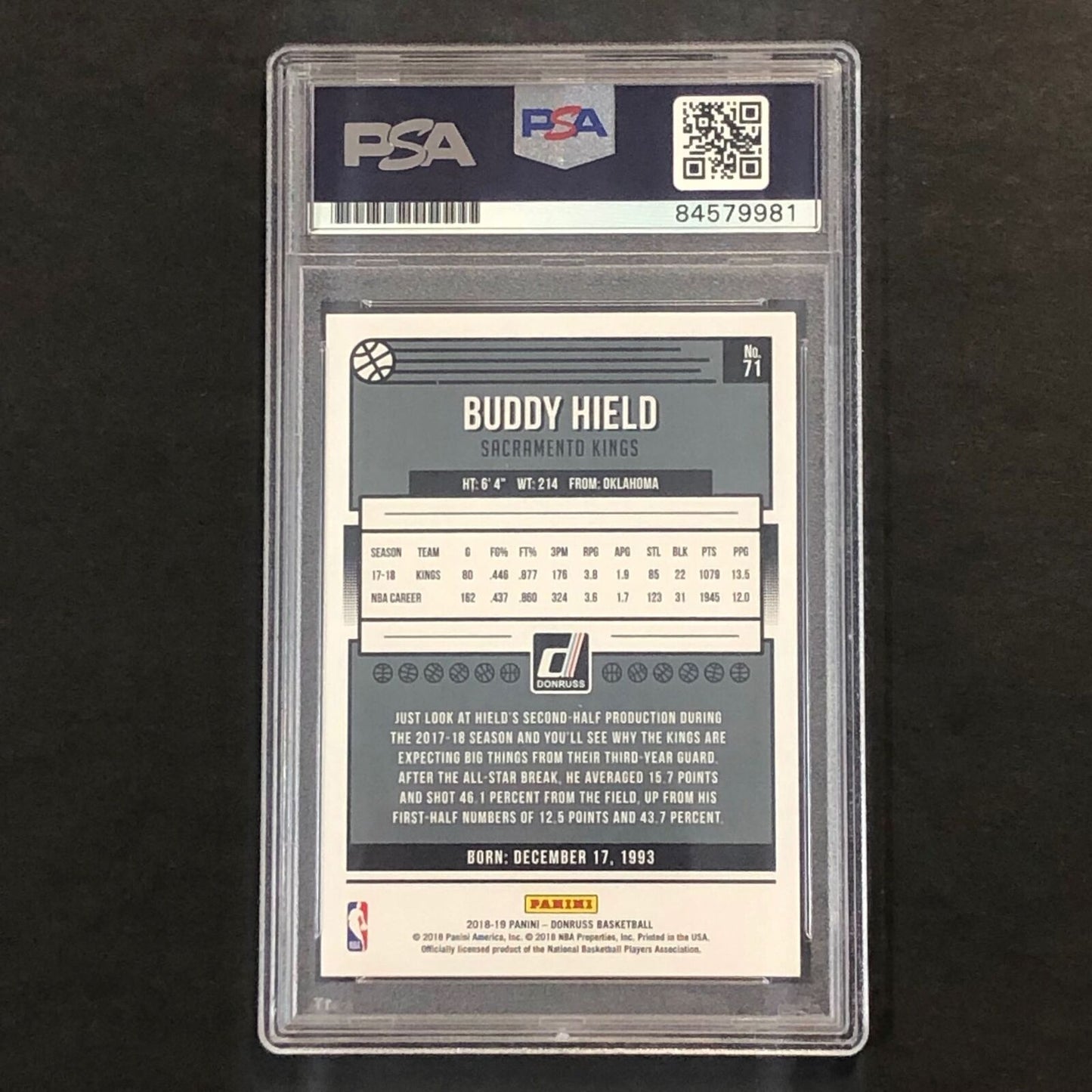 2018-19 Panini Donruss #71 Buddy Hield Signed Card AUTO PSA Slabbed Kings