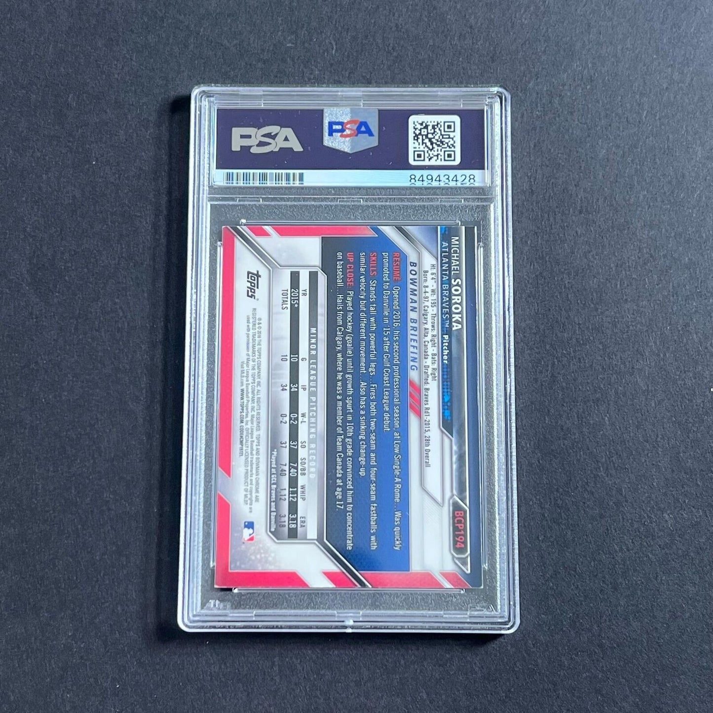 2016 Bowman Chrome #BCP195 MIKE SOROKA Signed Card PSA Slabbed Braves