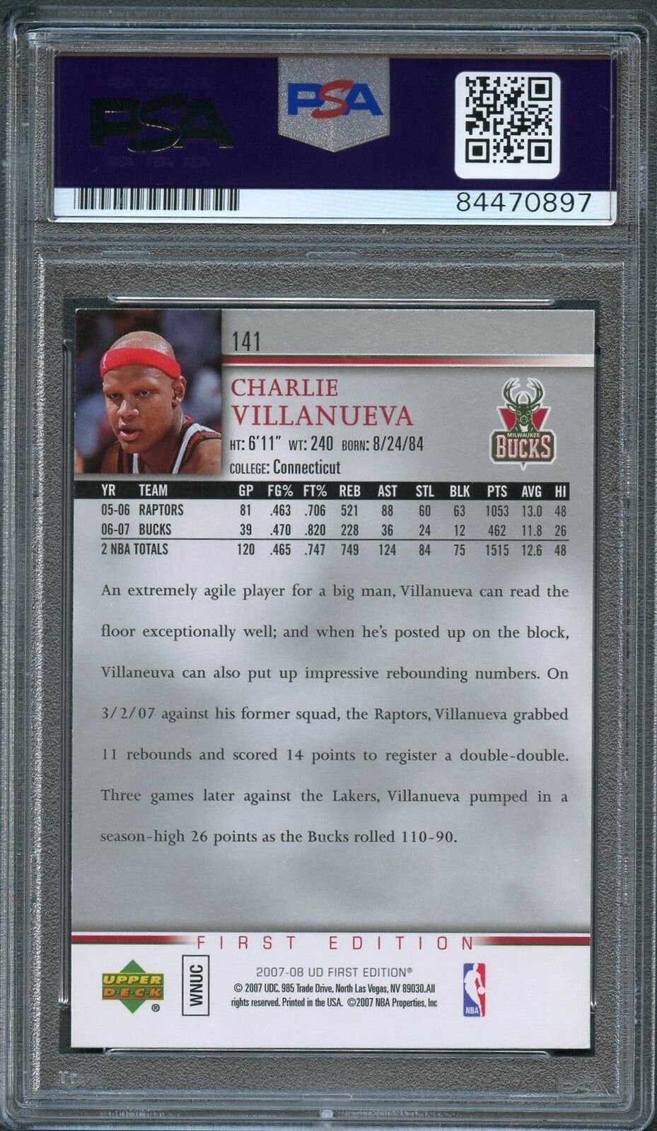 2007-08 Upper Deck First Edition #141 Charlie Villanueva Signed Card AUTO 10 PSA