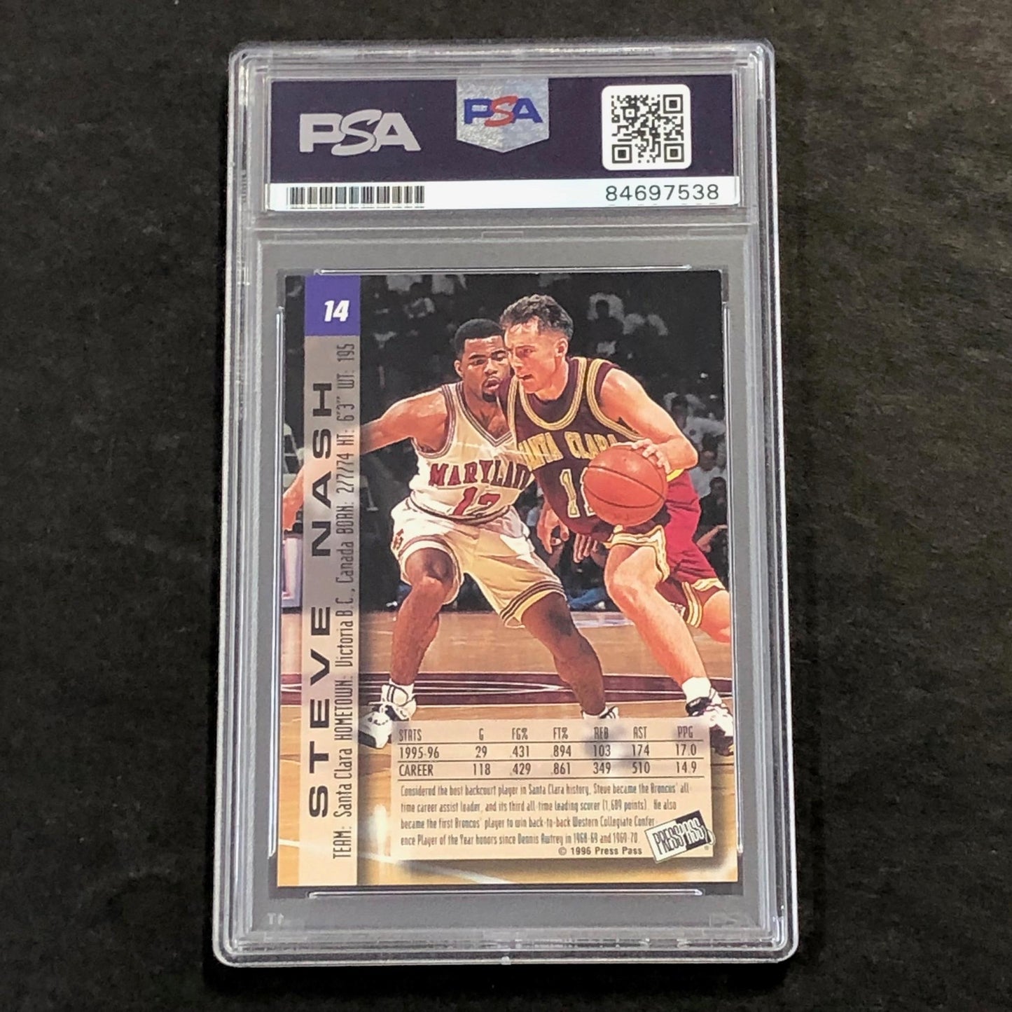 1996 PressPass #14 Steve Nash Signed Card AUTO 10 PSA Slabbed Suns Santa Clara R