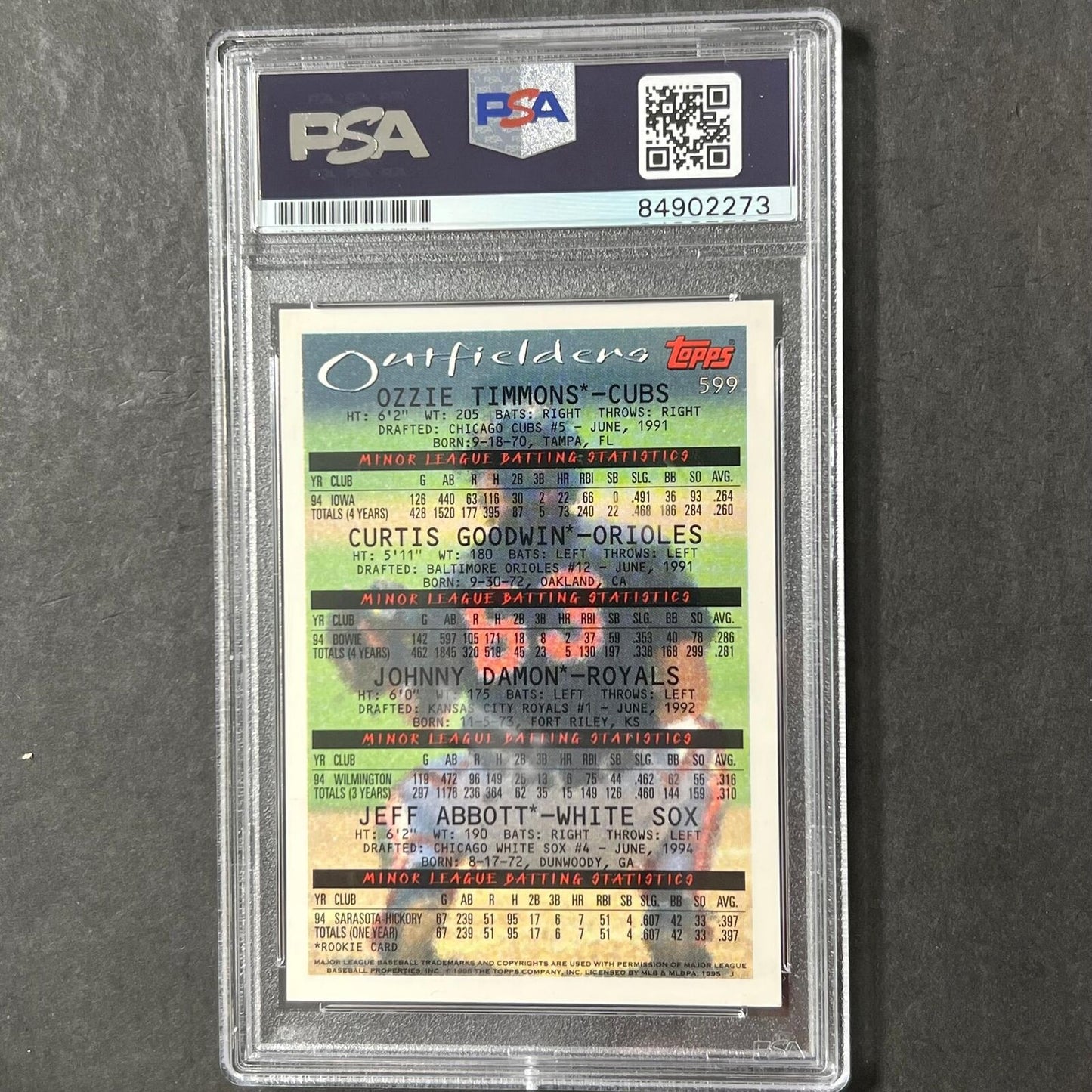 1995 Topps Prospects #599 Johnny Damon Signed Card Auto PSA Slabbed Royals
