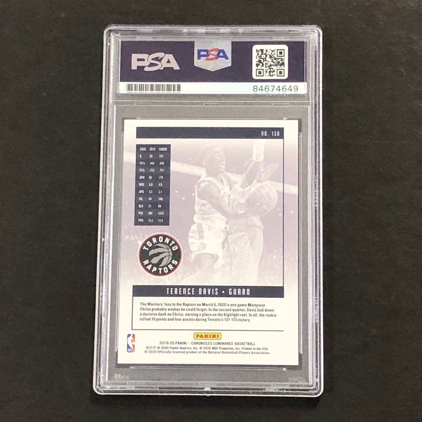 2019-20 Panini Chronicles Luminance #138 Terence Davis Signed Card AUTO 10 PSA S