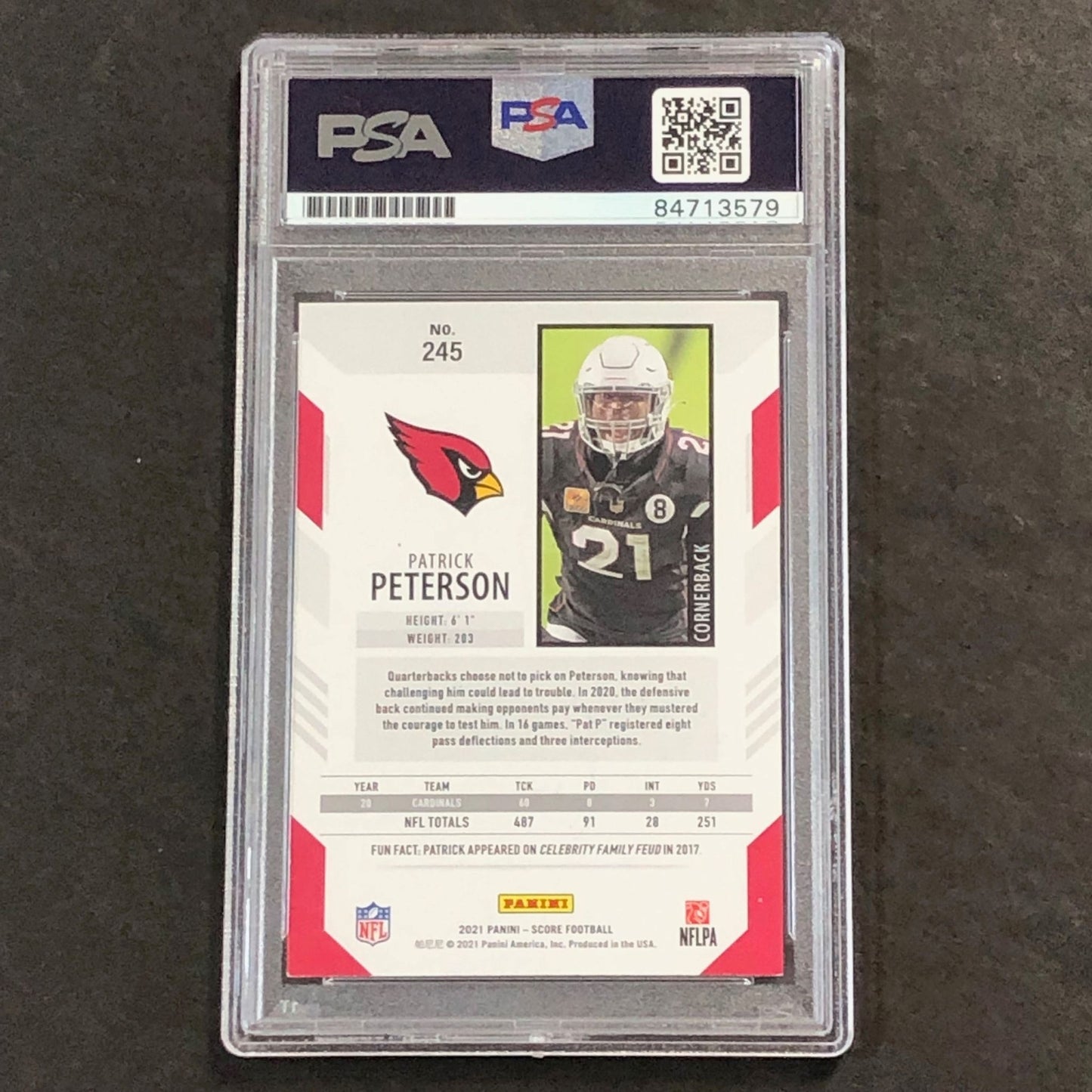 2021 Panini Score #245 Patrick Peterson Signed Card PSA Auto Slabbed Cardinals