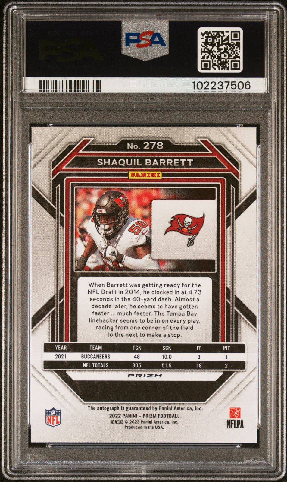 2022 Panini Prizm #278 Shaquil Barrett PSA A Auto 10