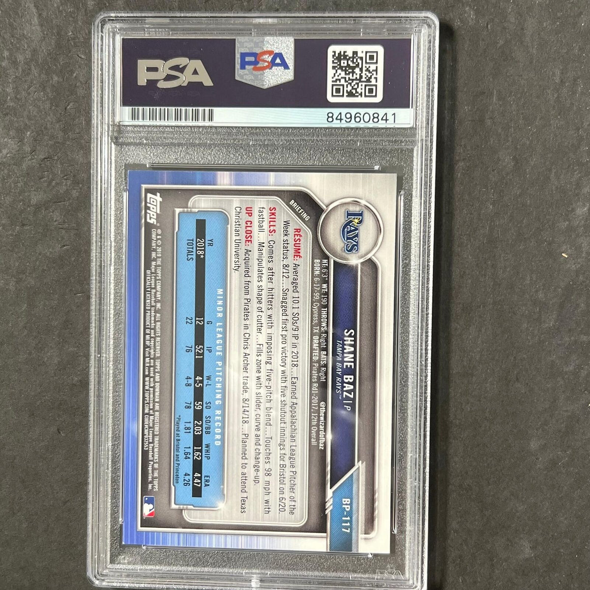 2019 Topps #BP-117 Shane Baz Signed Card PSA Slabbed AUTO Rays