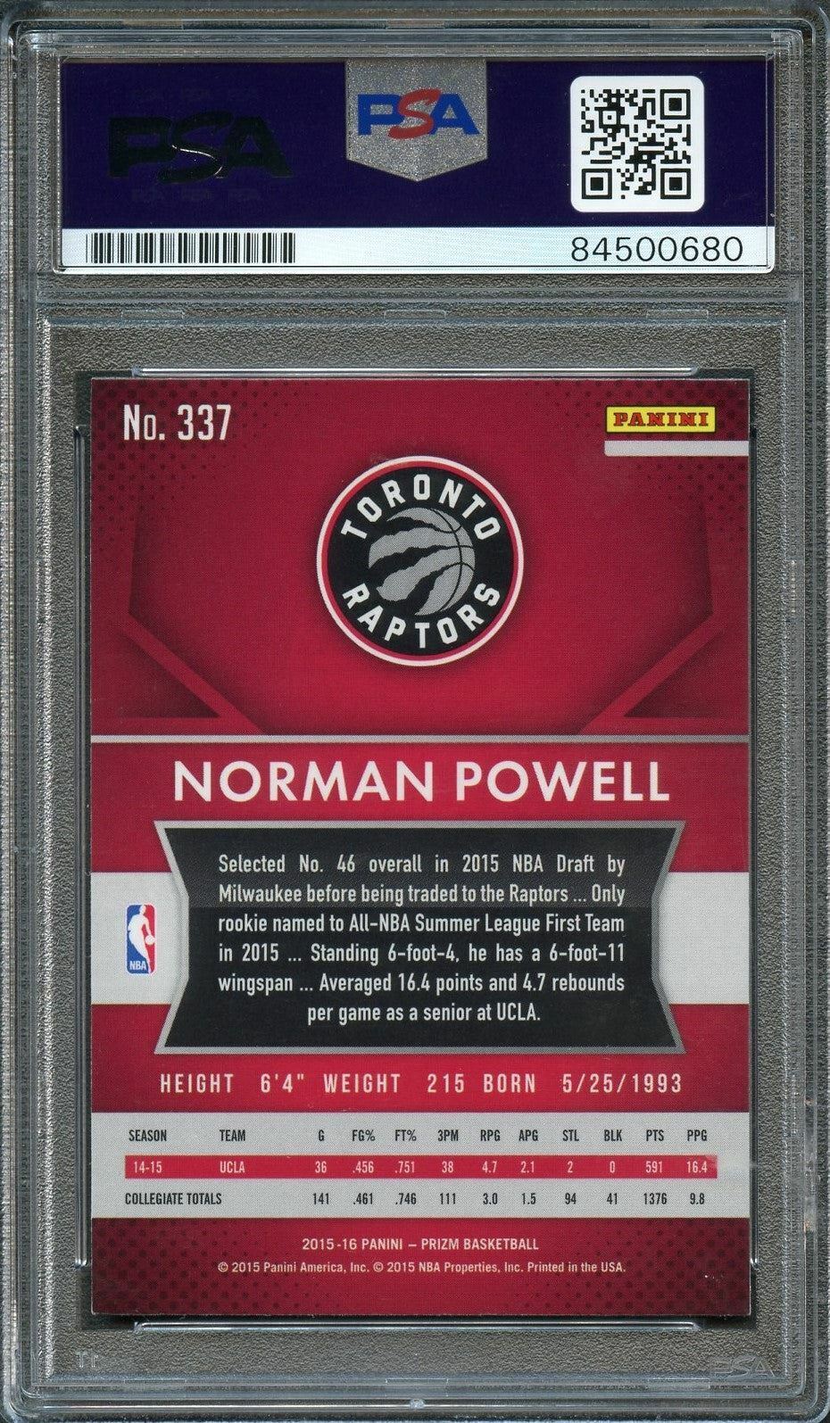 2015-16 Panini Prizm #337 Norman Powell Signed Card AUTO 10 PSA Slabbed RC Rapto