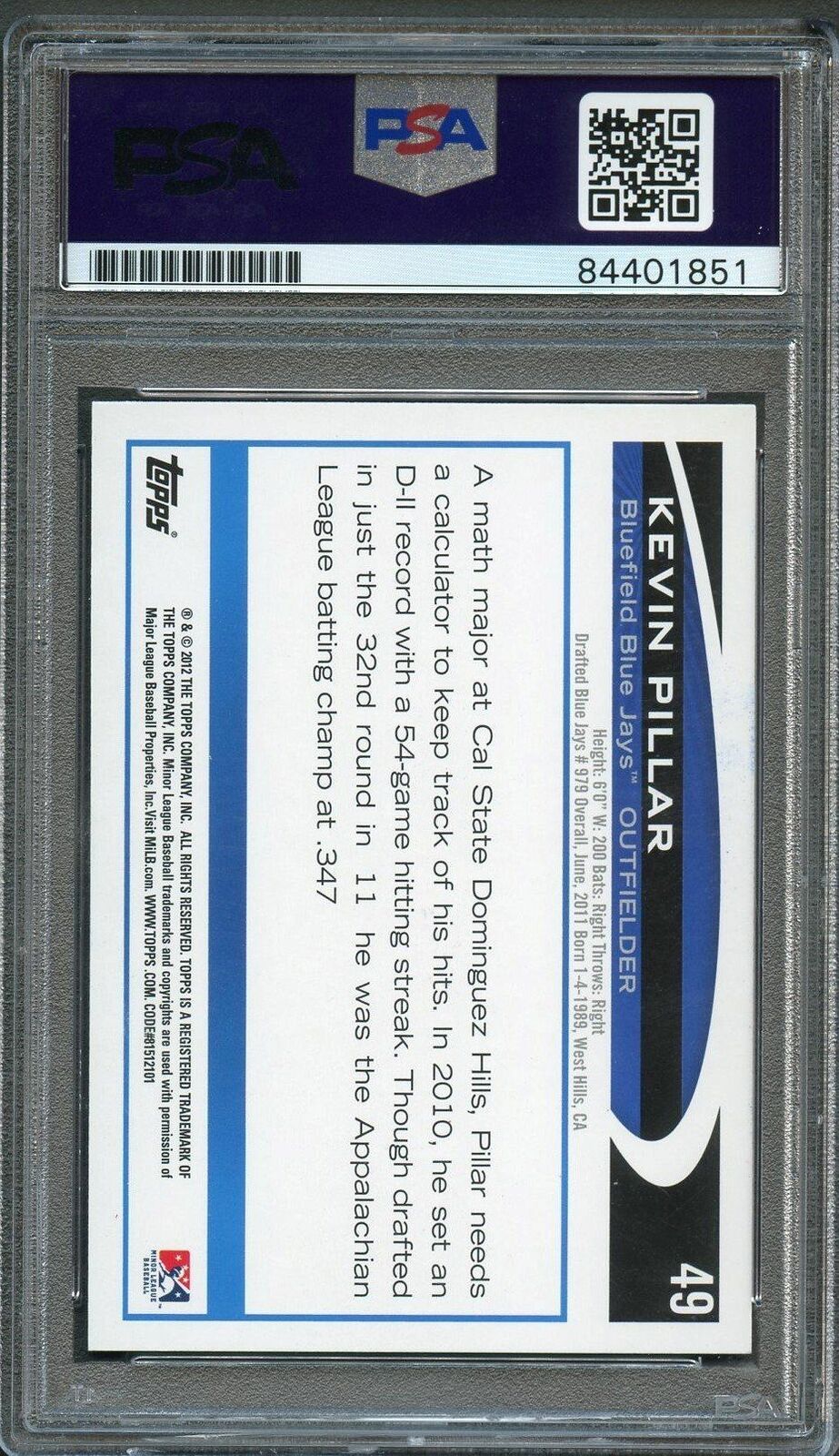 2012 Topps Pro Debut #49 Kevin Pillar Signed Card PSA Slabbed Auto Mets