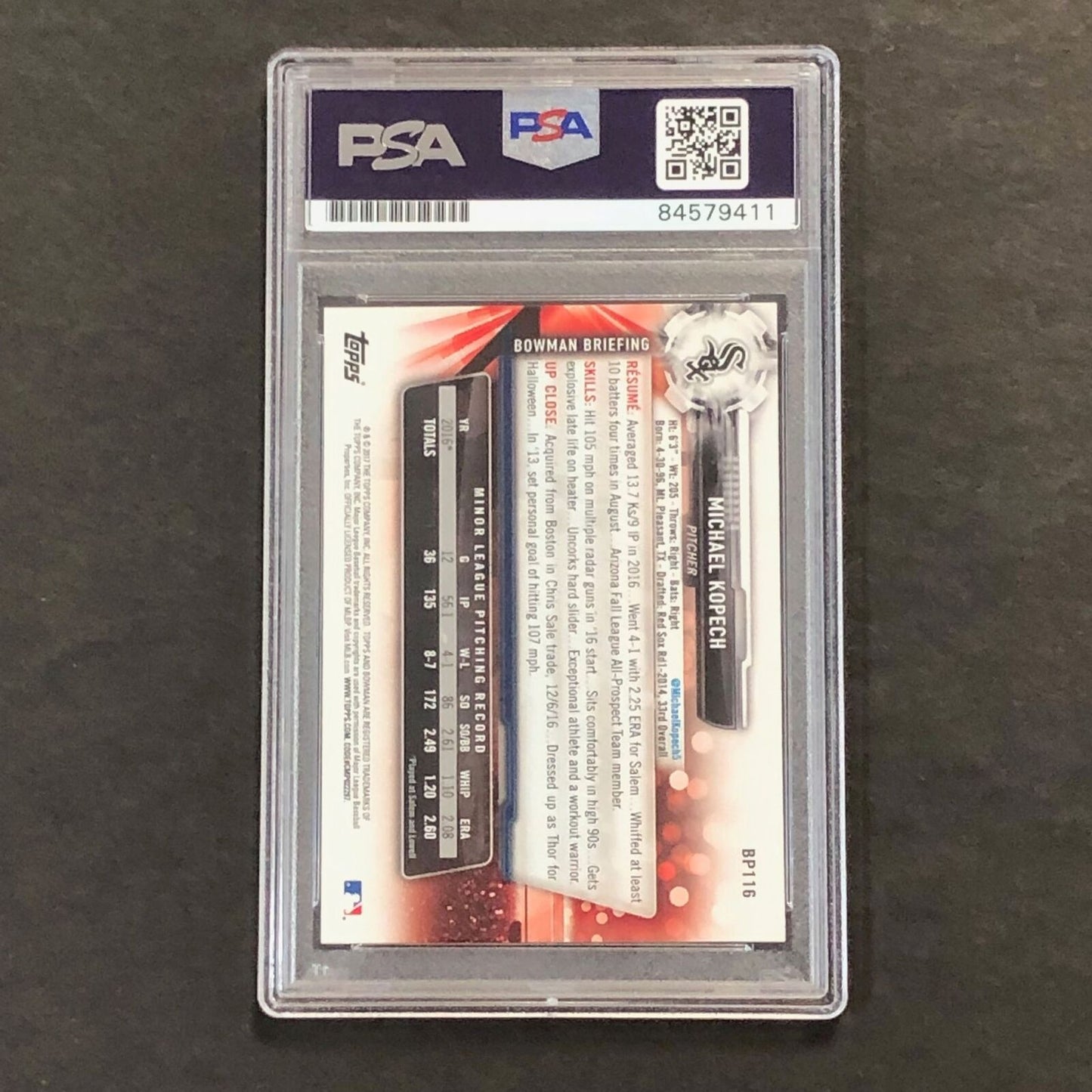 2017 Bowman Prospects #BP116 Michael Kopech Signed Card PSA Slabbed Auto 10 Whit
