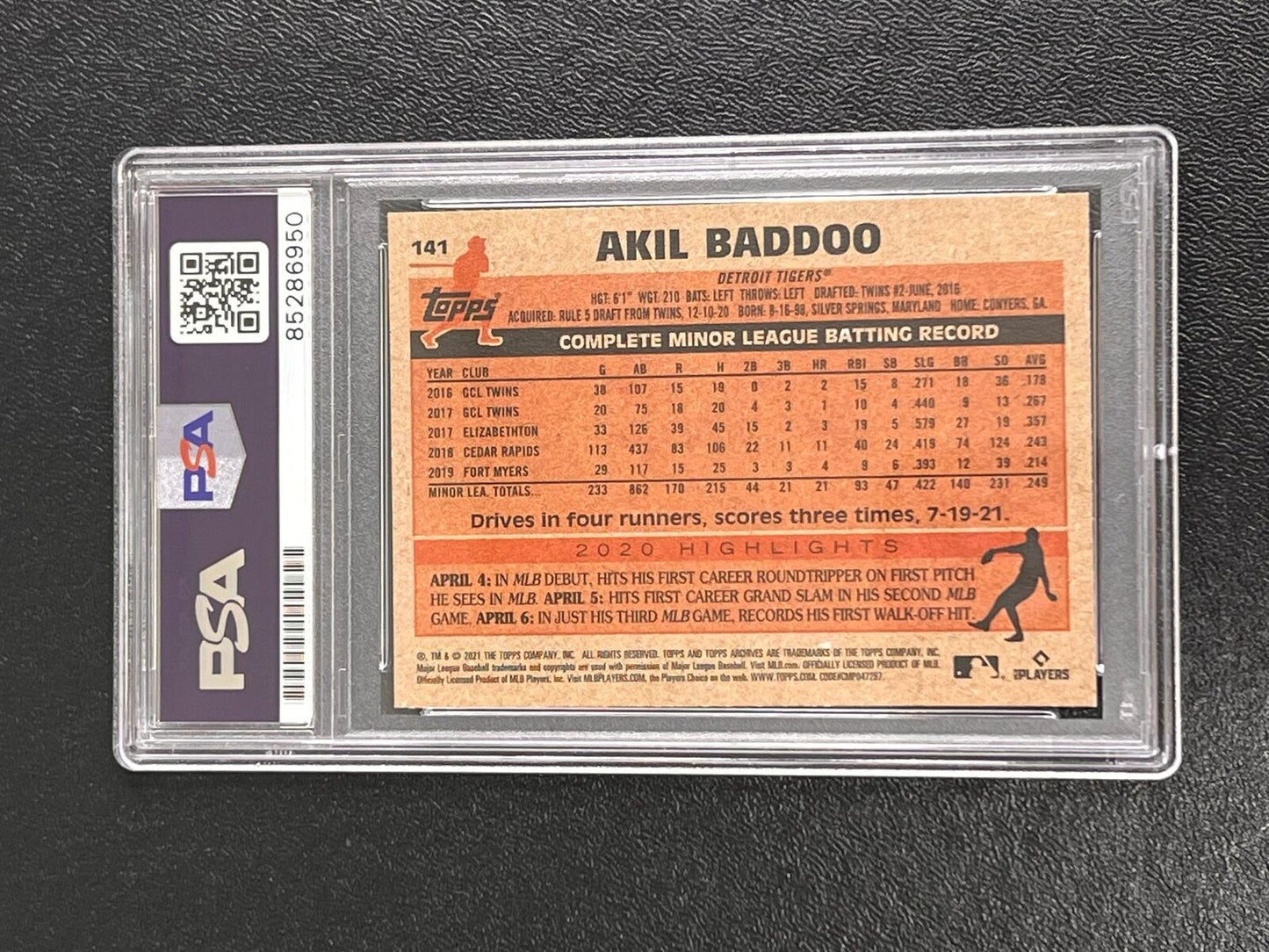 2021 Topps #141 Akil Baddoo signed card AUTO PSA/DNA Slabbed Tigers Autographed