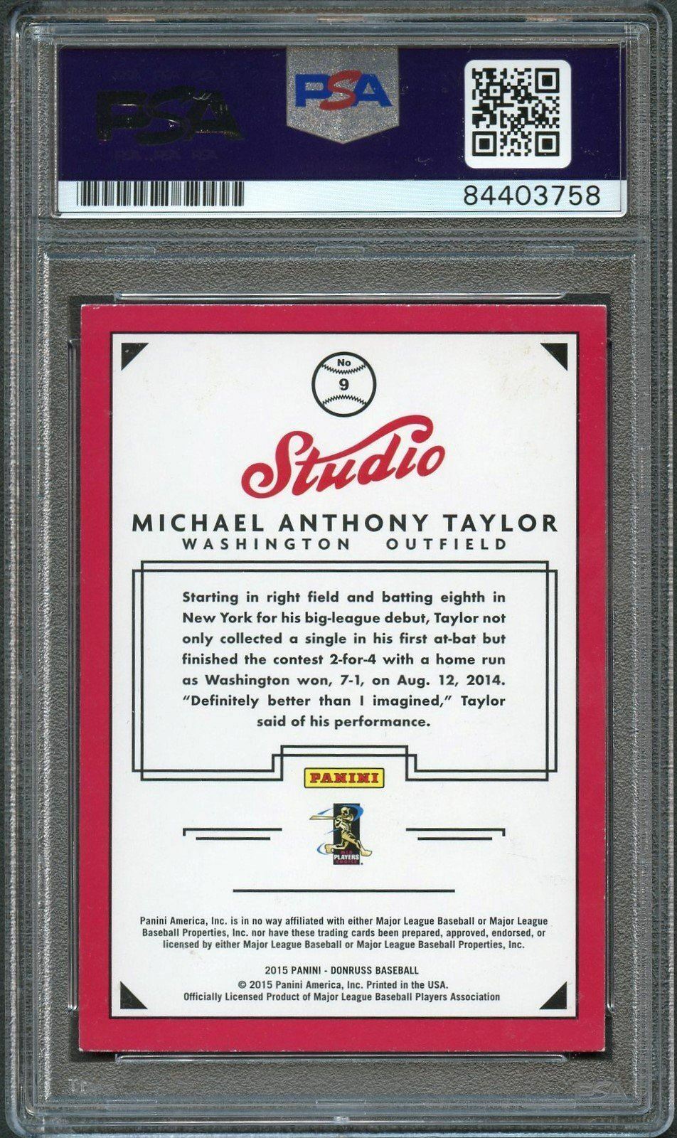 2015 Donruss Studio #9 Michael Taylor Signed Rookie Card PSA Slabbed Auto RC Nat