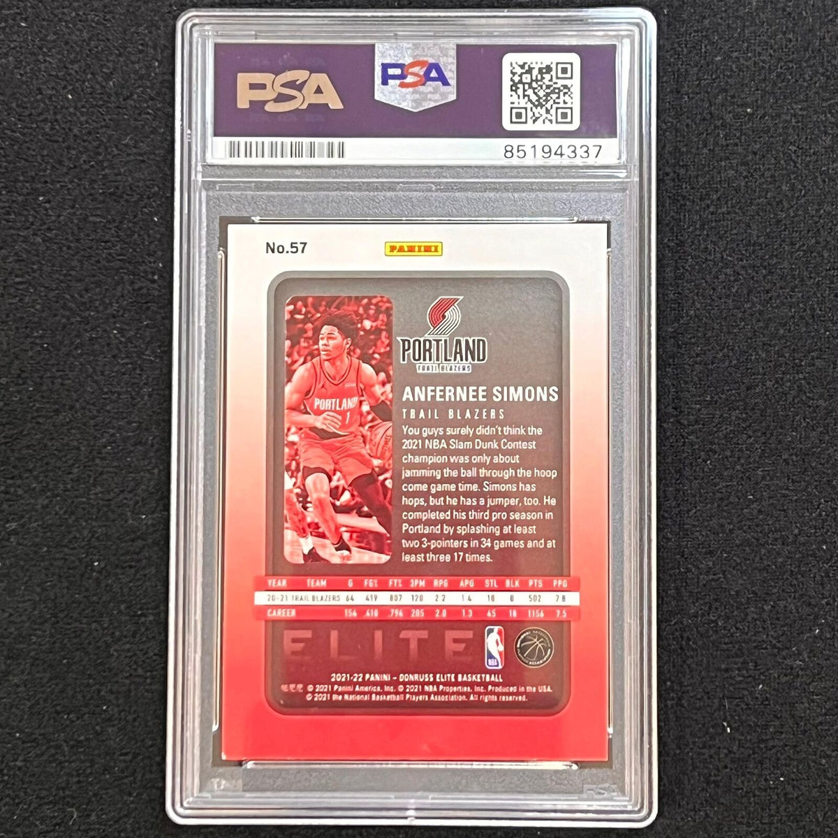 2020-21 Donruss Elite #57 ANFERNEE SIMONS Signed Card AUTO PSA Slabbed Blazers