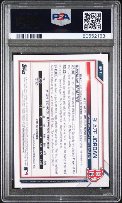 2021 Bowman Paper Prospects Camo #BP71 Blaze Jordan Signed Rookie Card PSA 7 AUT